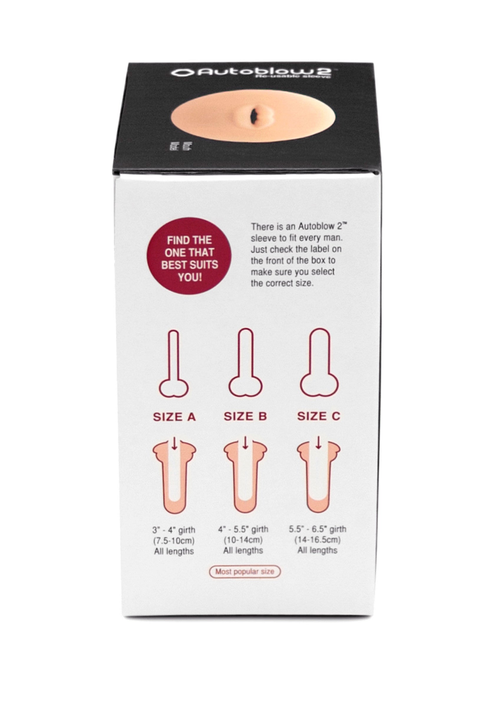 Autoblow 2 : manchon de masturbation pour hommes. Trouvez la taille idéale !; Autoblow 2: masturbatiehuls voor mannen. Vind de perfecte maat!; Autoblow 2: masturbation sleeve for men. Find the perfect fit!