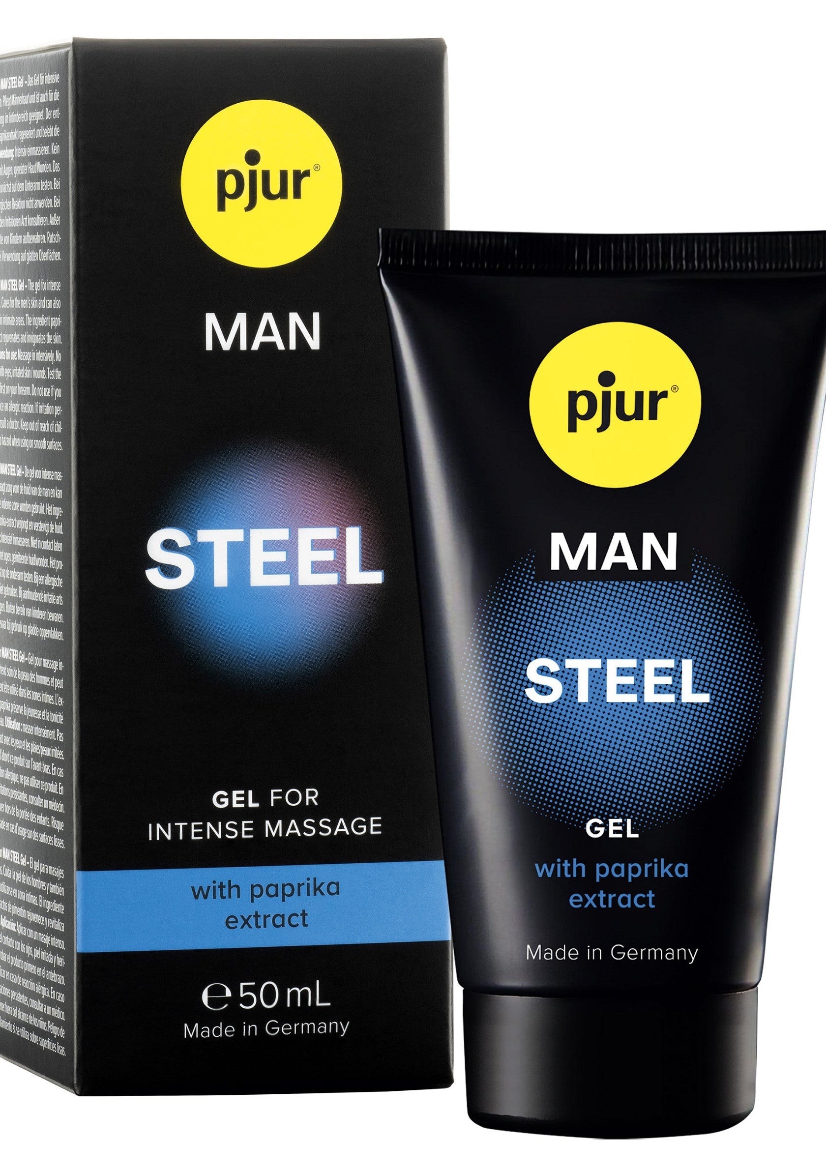 pjur MAN Steel gel de massage intense avec extrait de paprika pour homme. Disponible en 50ml.; pjur MAN Steel intense massage gel met paprika extract voor mannen. Verkrijgbaar in 50ml.; pjur MAN Steel intense massage gel with paprika extract for men. Available in 50ml.