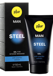 pjur MAN Steel gel de massage intense avec extrait de paprika pour homme. Disponible en 50ml.; pjur MAN Steel intense massage gel met paprika extract voor mannen. Verkrijgbaar in 50ml.; pjur MAN Steel intense massage gel with paprika extract for men. Available in 50ml.
