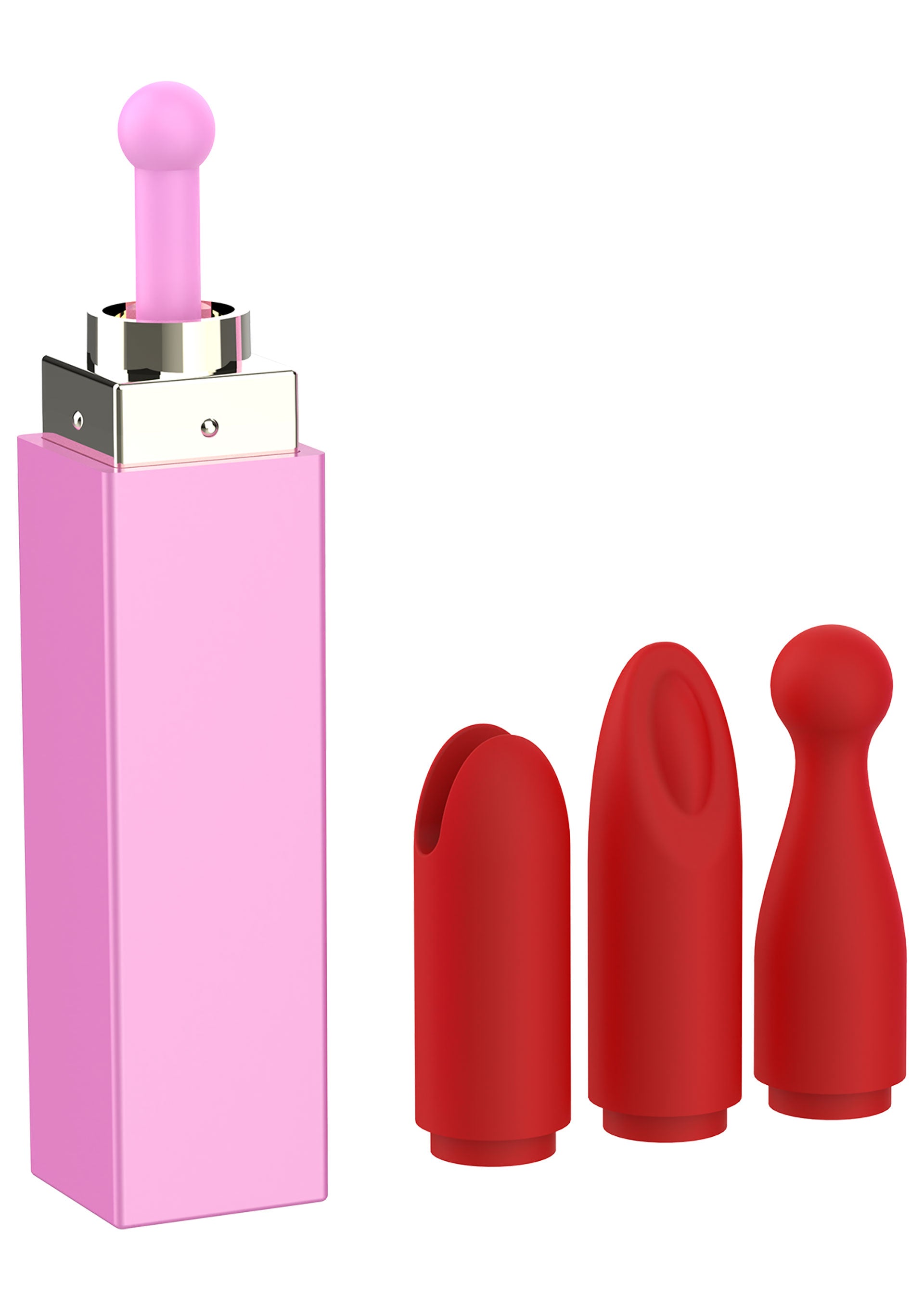 Vibromasseur rose avec embouts interchangeables rouges pour une expérience personnalisée.; Roze vibrator met rode, verwisselbare opzetstukken voor een persoonlijke ervaring.; Pink vibrator with red, interchangeable attachments for a personalized experience.