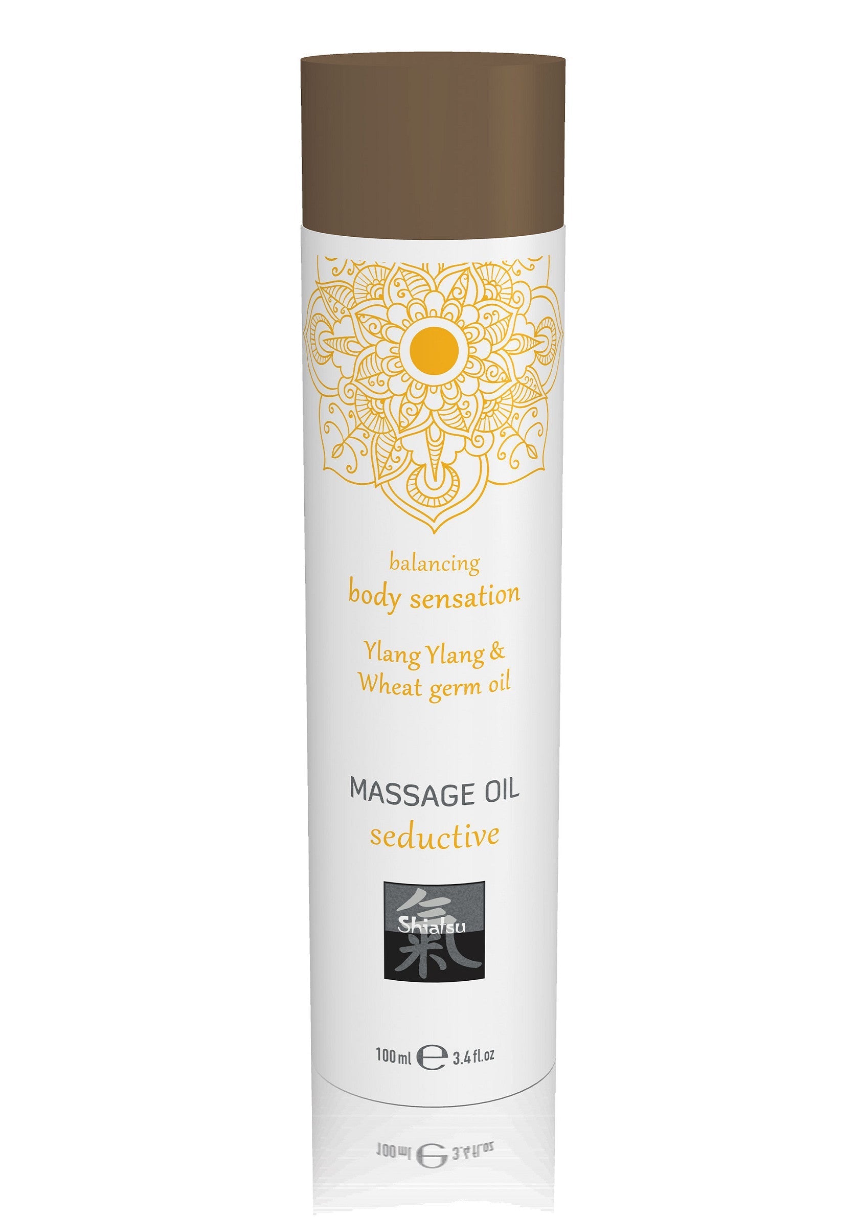 Huile de massage séduisante Shiatsu, enrichie en ylang-ylang et germe de blé. Pour une sensation corporelle équilibrée.; Shiatsu massageolie 'seductive' met ylang-ylang & tarwekiemolie. Voor een evenwichtige lichaamsbeleving.; Seductive massage oil from Shiatsu, enriched with ylang-ylang & wheat germ oil. For balancing body sensation.