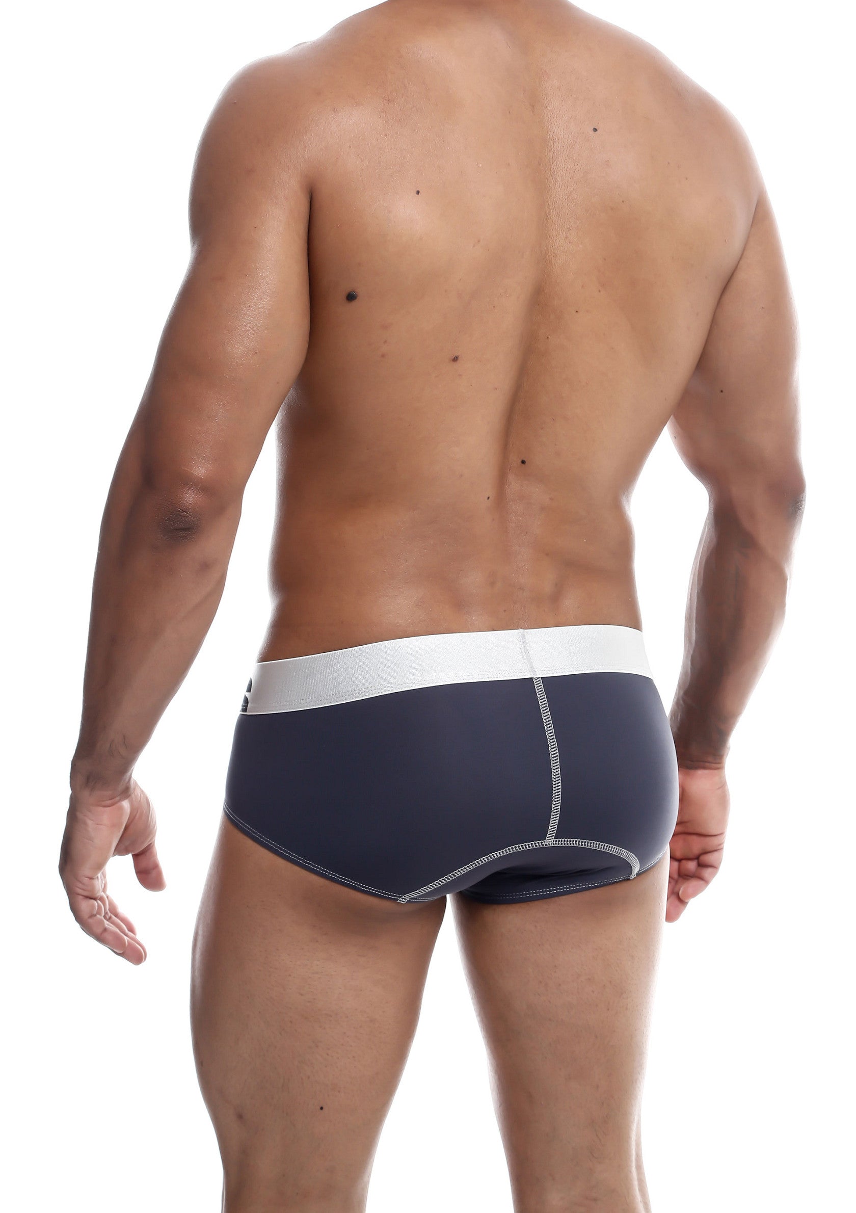 Slip pour homme gris anthracite avec ceinture blanche. Confort et style garantis.; Antracietgrijze herenslip met witte tailleband. Comfort en stijl gegarandeerd.; Charcoal gray men's brief with white waistband. Comfort and style guaranteed.