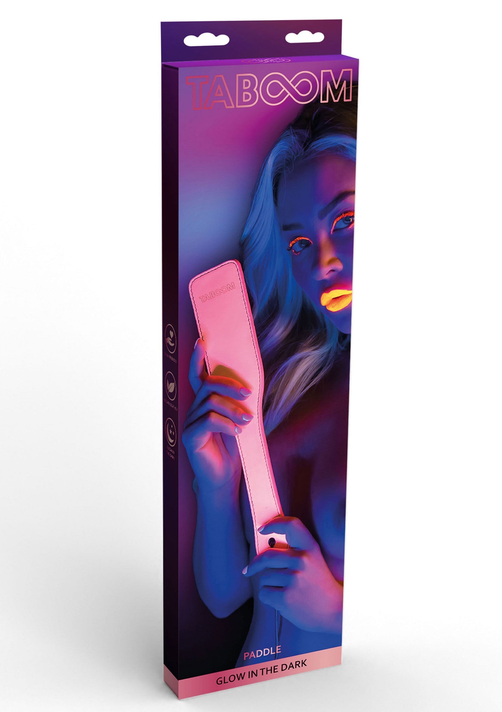 Palette ABoom phosphorescente pour adultes. Outil de plaisir original et lumineux pour pimenter vos jeux coquins.; ABoom glow-in-the-dark paddle voor volwassenen. Een leuke tool om je intieme spelletjes mee op te fleuren.; ABoom glow-in-the-dark paddle for adults. A fun tool to spice up your intimate games.