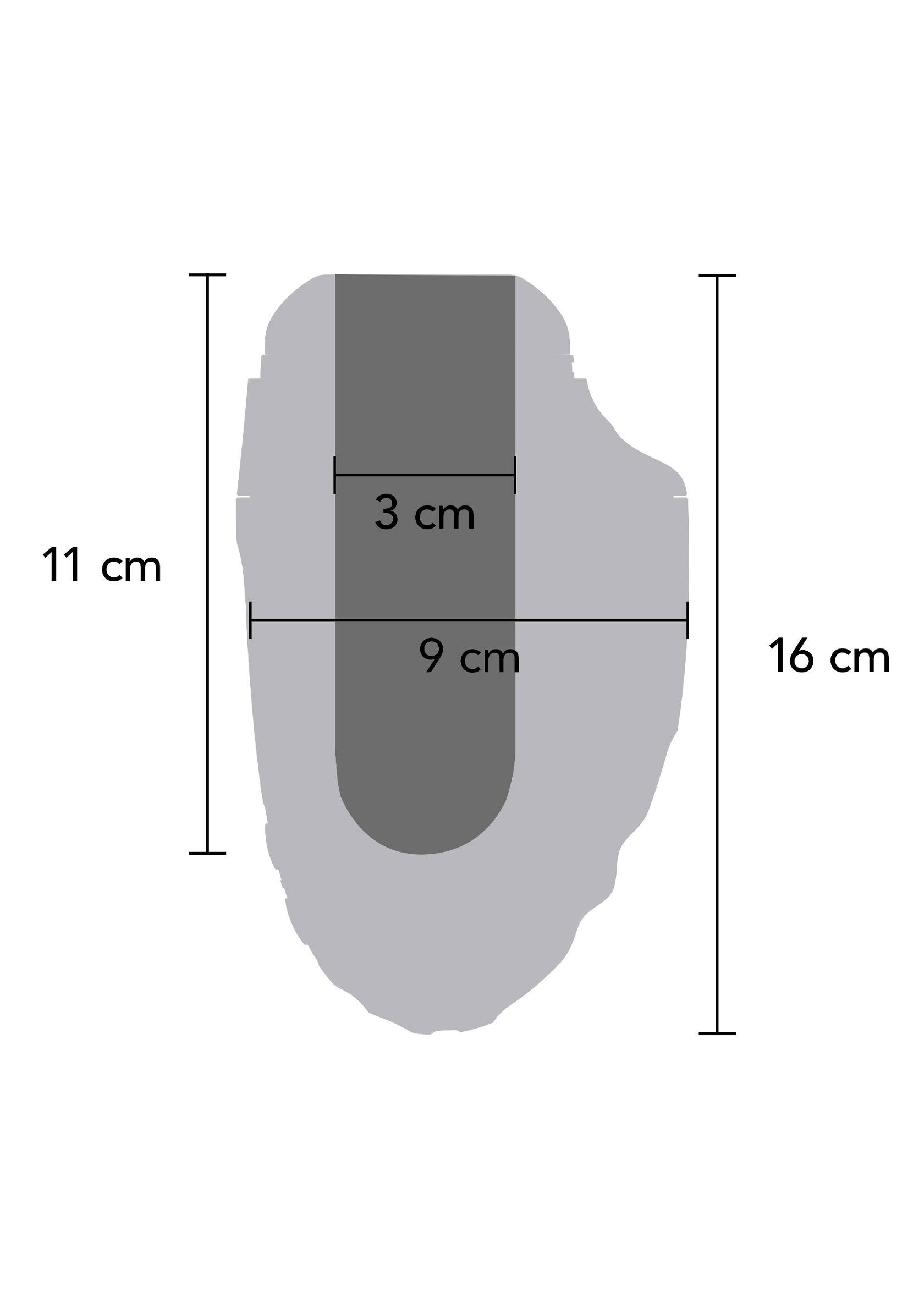 Schéma du produit avec dimensions : 16 cm de hauteur, encoche de 3 cm, largeur totale de 9 cm, hauteur de l'encoche de 11 cm.; Productdiagram met afmetingen: 16 cm hoog, inkeping van 3 cm, totale breedte van 9 cm, hoogte van de inkeping van 11 cm.; Product diagram with dimensions: 16 cm height, 3 cm notch, 9 cm total width, 11 cm notch height.