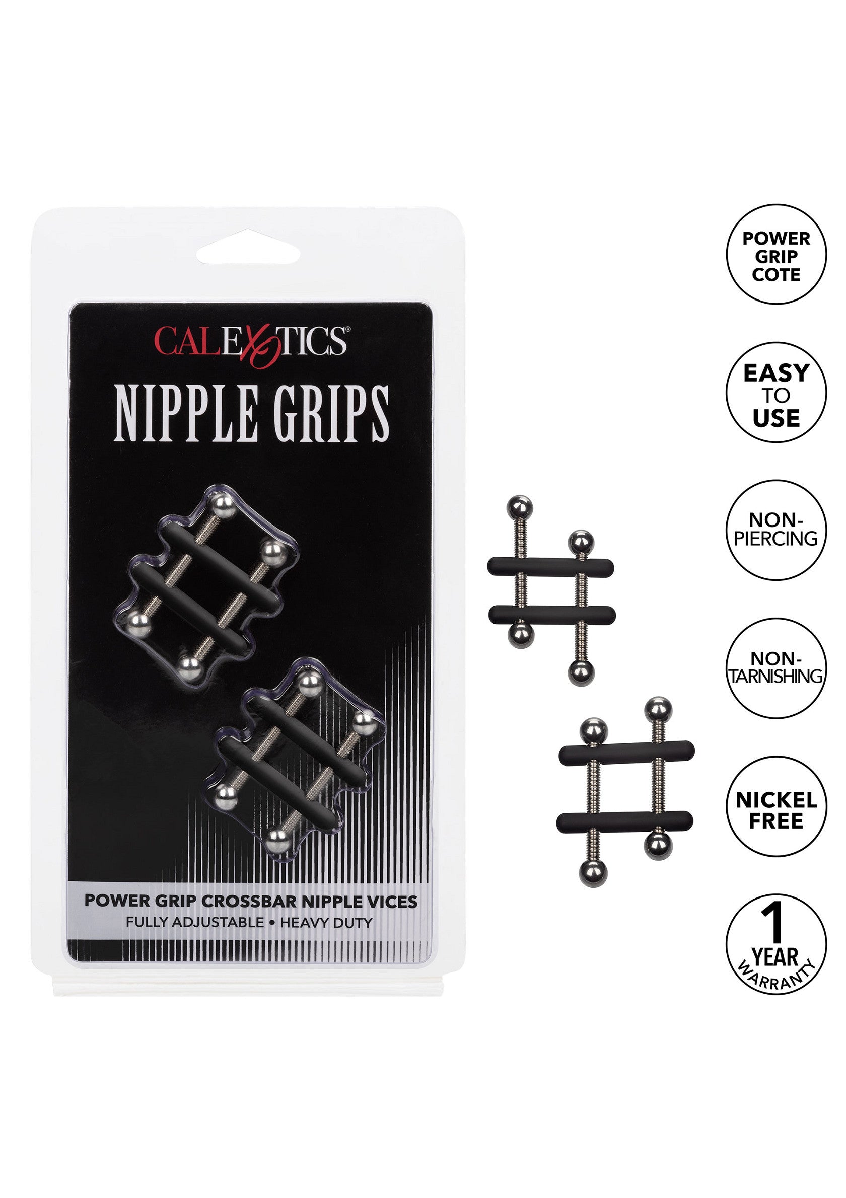 Pinces à tétons CalExotics Power Grip. Ajustables, sans perçage et sans nickel.; CalExotics Power Grip tepelklemmen. Verstelbaar, niet-piercing en nikkelvrij.; CalExotics Power Grip nipple clamps. Adjustable, non-piercing, and nickel-free.