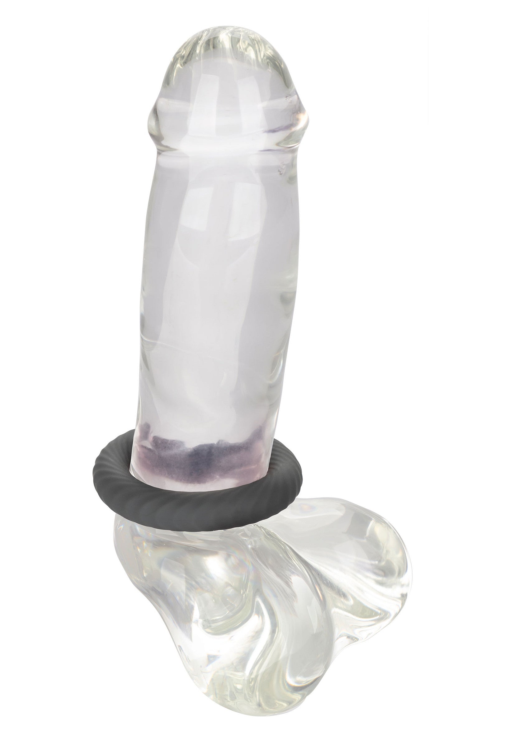 Pénis en verre réaliste avec anneau de cock gris. Plaisir transparent et intense garanti.; Realistische glazen penis met grijze cockring. Transparant en intens genot gegarandeerd.; Realistic glass penis with gray cock ring. Transparent and intense pleasure guaranteed.