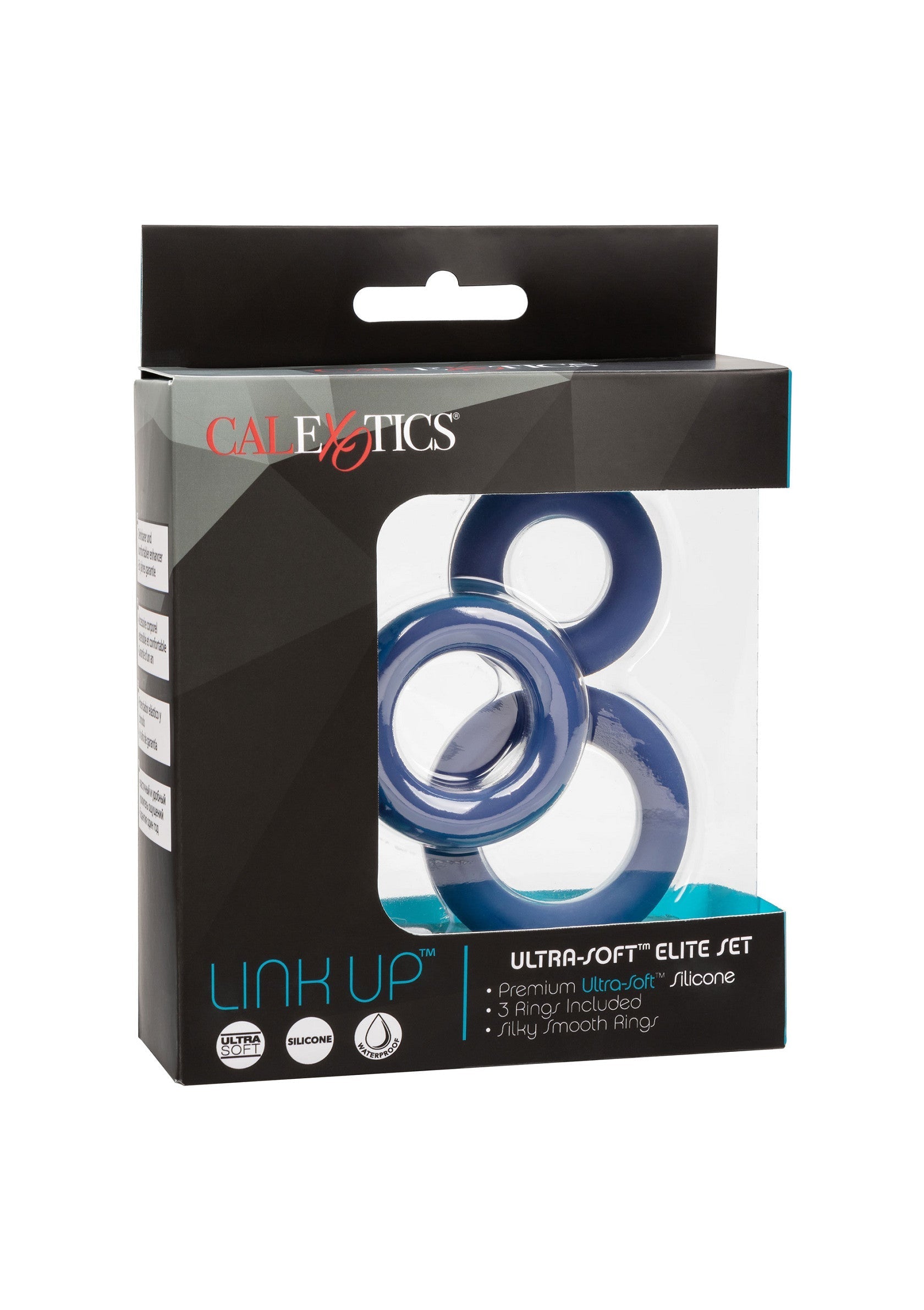 CalExotics Link Up Ultra-Soft Elite Set : 3 anneaux péniens en silicone ultra-doux pour une sensation unique.; CalExotics Link Up Ultra-Soft Elite Set: 3 zachte siliconen penisringen voor een uniek gevoel.; CalExotics Link Up Ultra-Soft Elite Set: 3 soft silicone cock rings for a unique sensation.