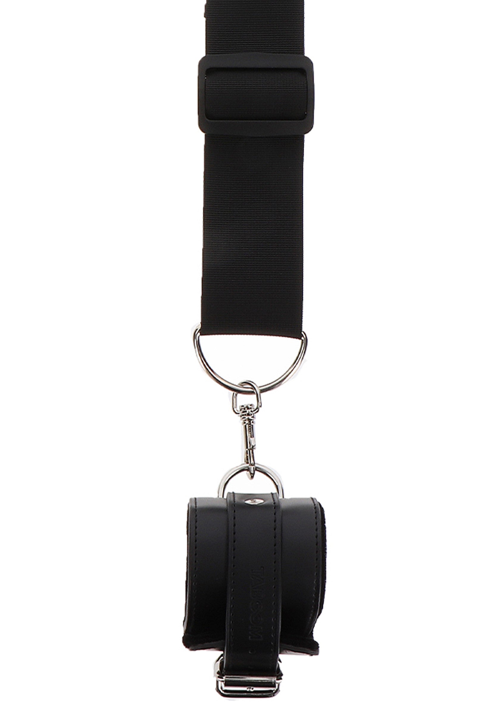 Menottes en cuir noir avec sangle réglable pour plus de confort et de sécurité.; Zwarte leren handboeien met verstelbare riem voor comfort en veiligheid.; Black leather restraints with adjustable strap for comfort and security.