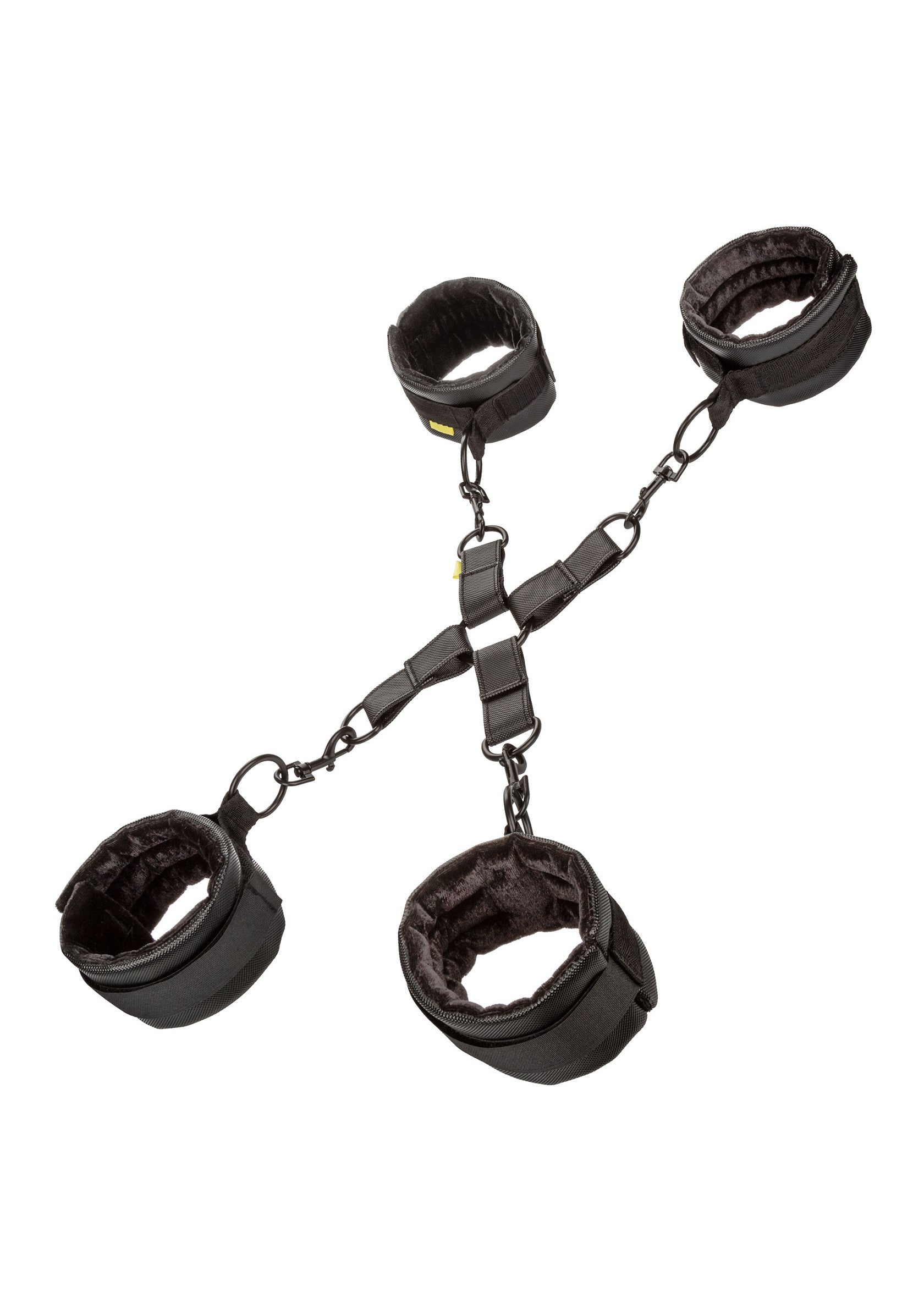 Menottes souples noires pour une fixation confortable et sécurisée.; Zachte, zwarte handboeien voor een comfortabele en veilige fixatie.; Soft black restraints for comfortable and secure bondage.