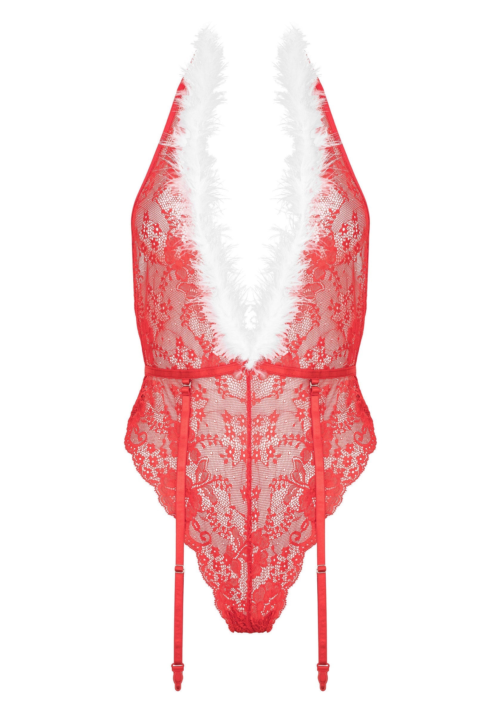 Body rouge en dentelle avec plumes blanches, lingerie festive et séduisante.; Rode kanten body met witte veren, feestelijke en verleidelijke lingerie.; Red lace bodysuit with white feather trim, festive & seductive lingerie.
