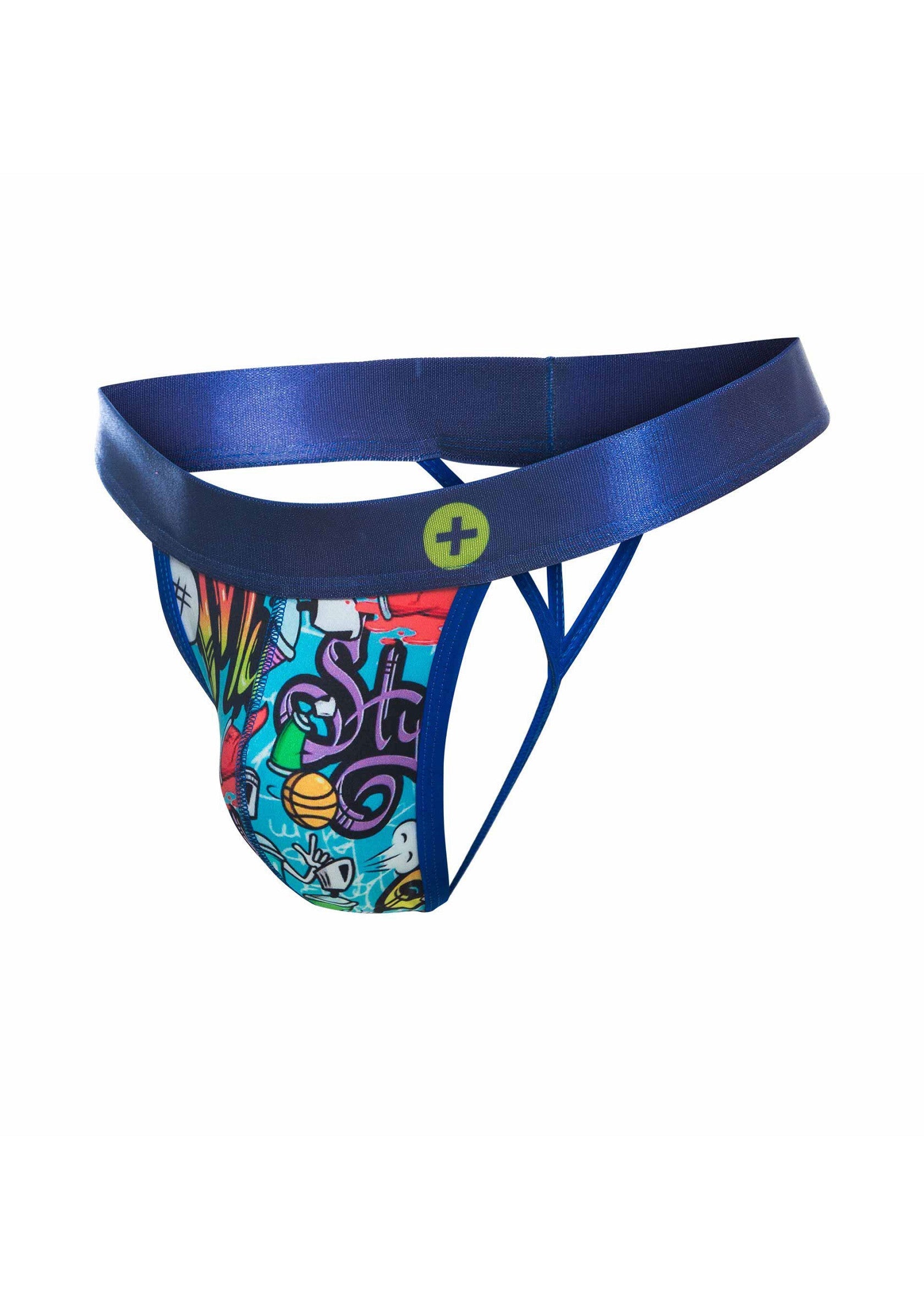 Jock-strap imprimé bleu pour hommes, confortable et stylé.; Blauwe heren jockstrap met print, comfortabel en stijlvol.; Blue printed men's jockstrap, comfortable and stylish.