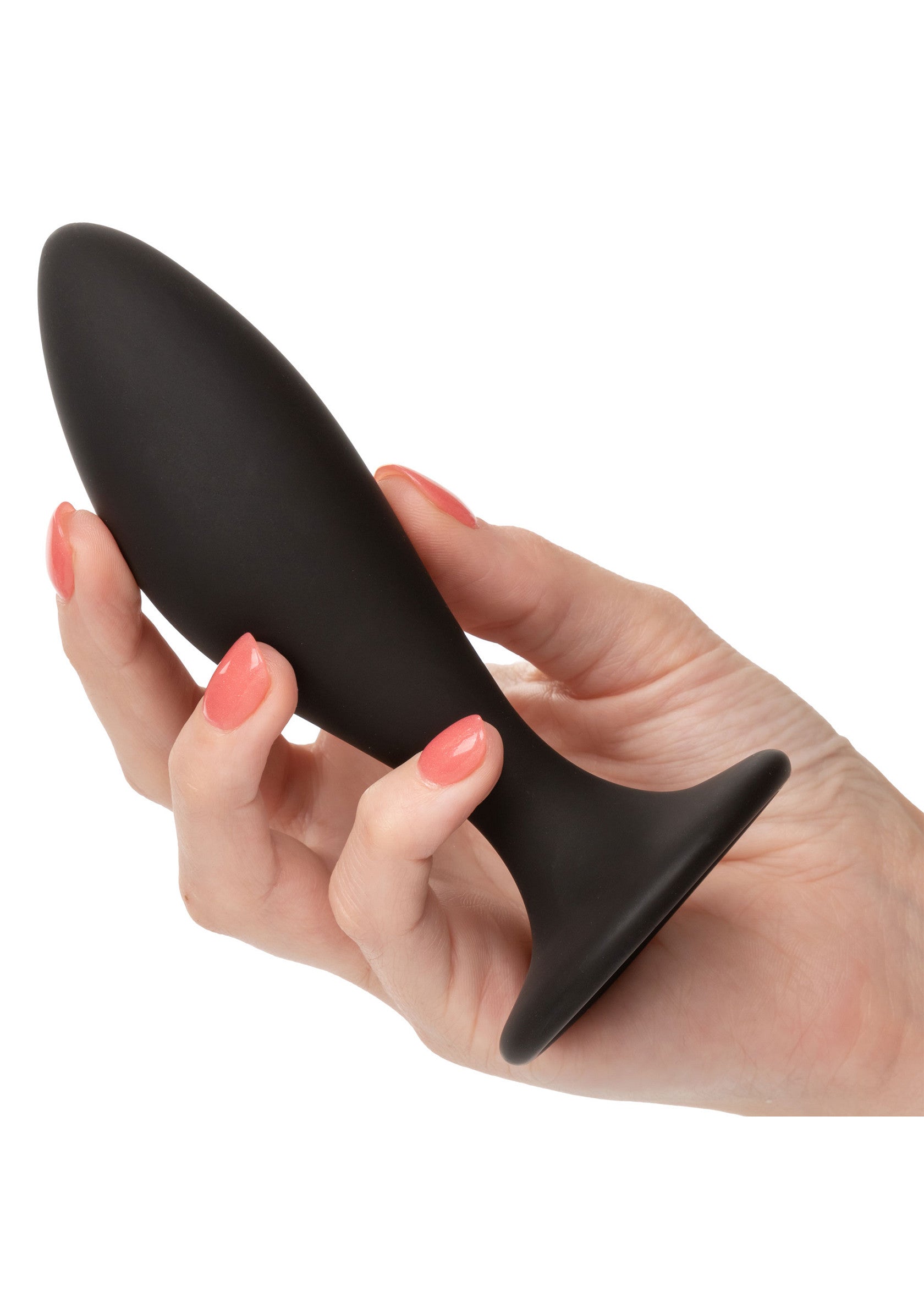 Plug anal noir lisse tenu dans une main pour le plaisir sensuel et l'exploration intime.; Gladde zwarte anale plug in de hand gehouden voor sensueel genot en intieme verkenning.; Smooth black anal plug held in hand for sensual pleasure and intimate exploration.