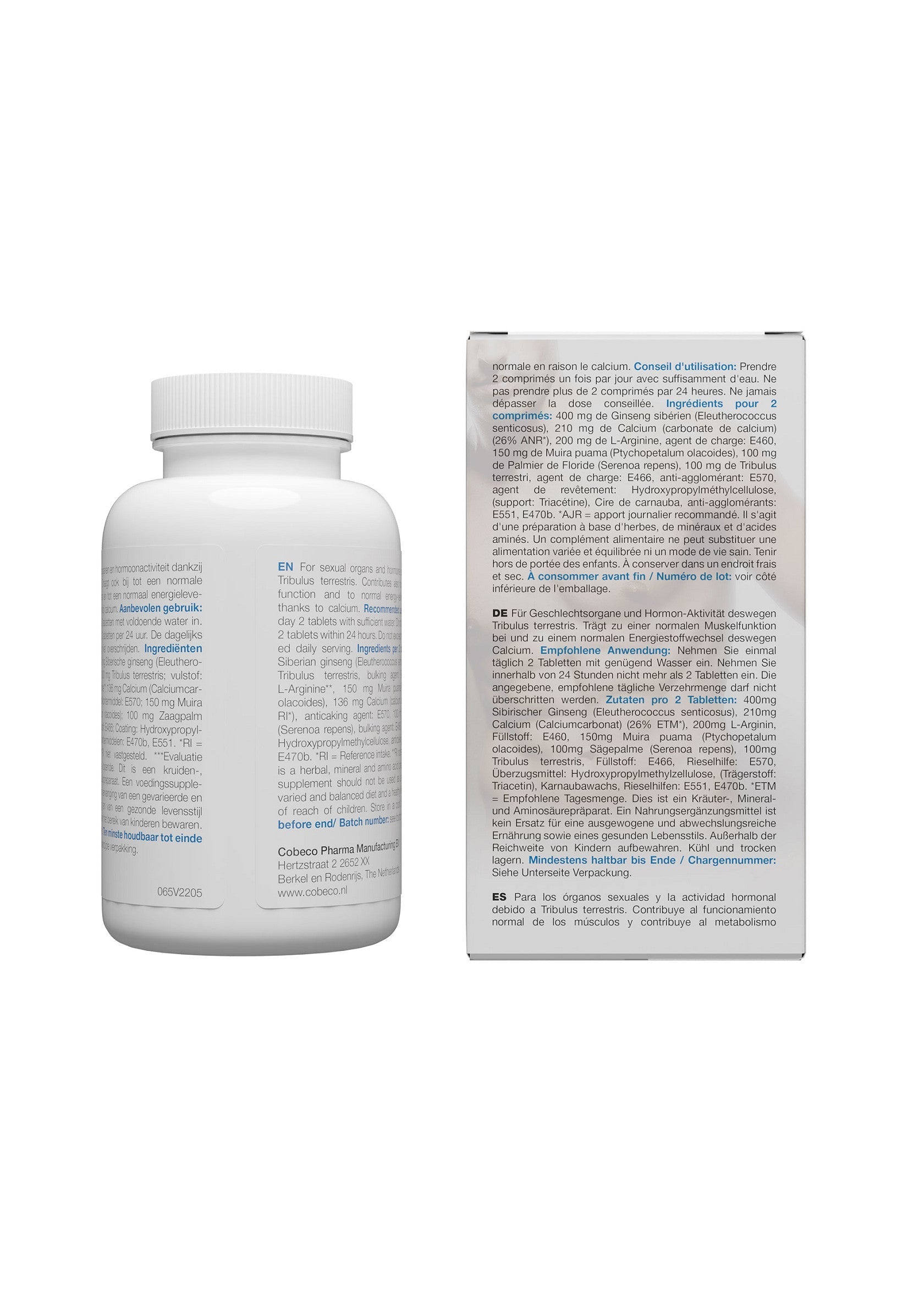 Pilulier et emballage de supplément nutritionnel. Soutien pour la performance et l'énergie.; Pot en verpakking voedingssupplement. Ondersteuning voor prestaties en energie.; Nutritional supplement bottle and packaging. Performance and energy support.