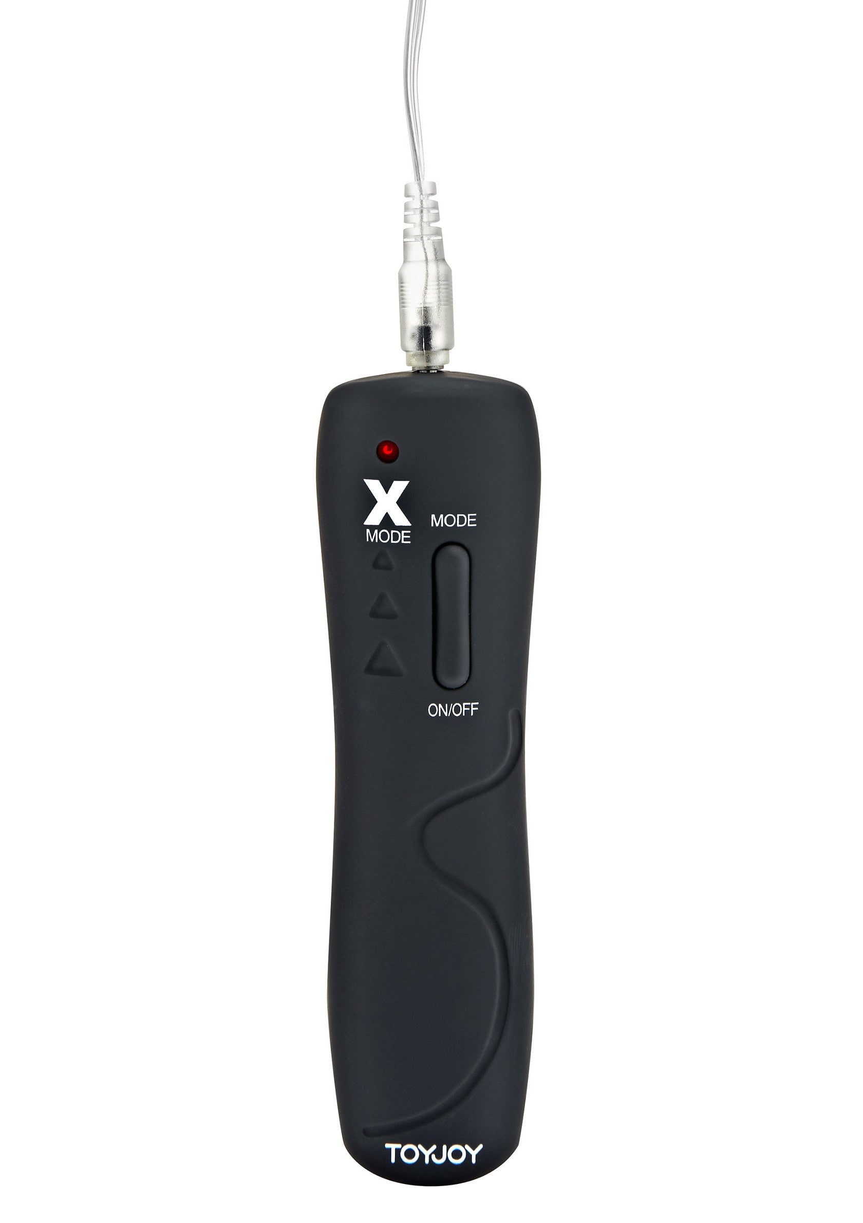 Télécommande noire ToyJoy avec bouton marche/arrêt pour le contrôle des jouets.; Zwarte ToyJoy afstandsbediening met aan/uit-knop voor speelgoedcontrole.; Black ToyJoy remote with on/off button for toy control.