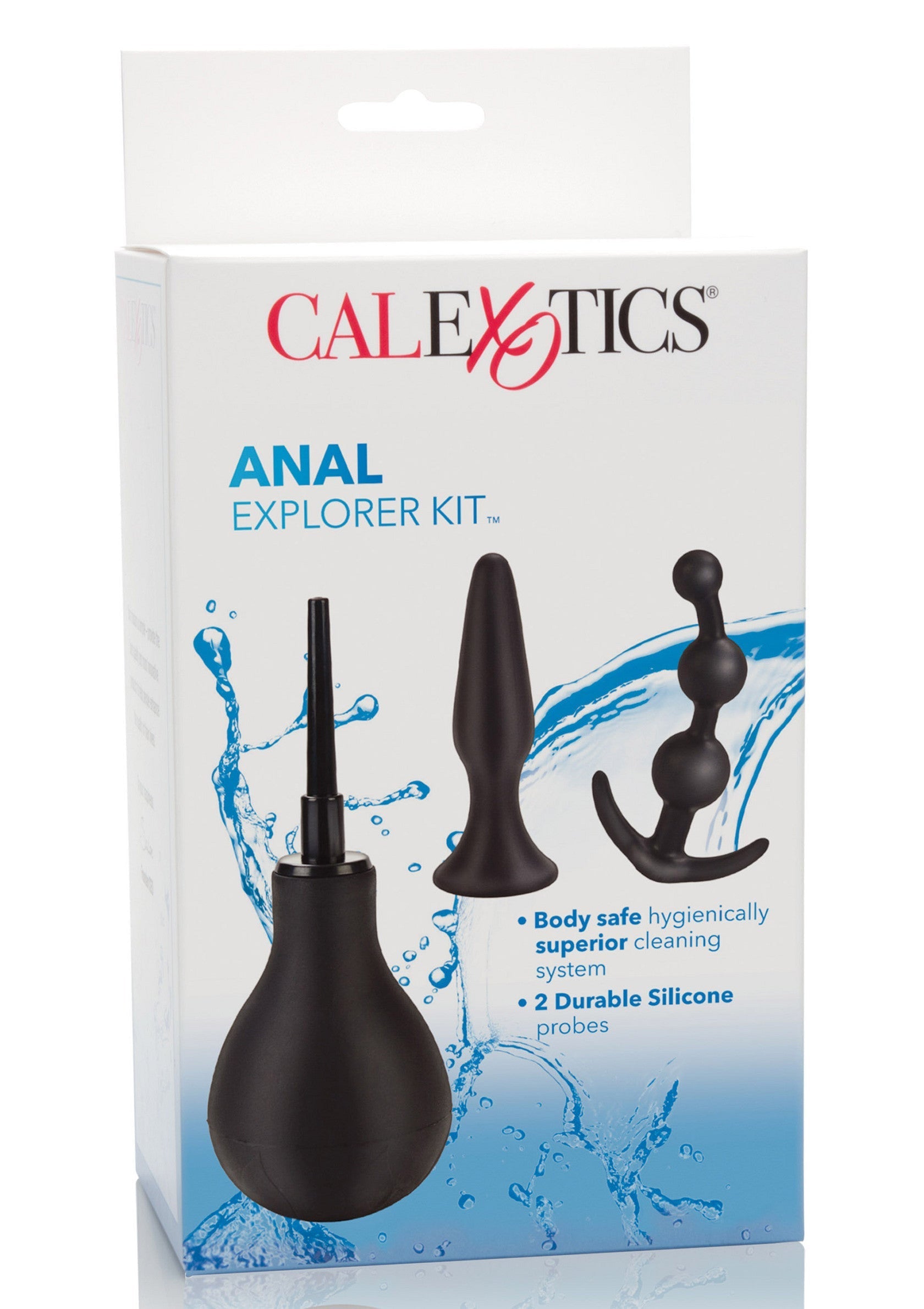 Kit explorateur anal CalExotics, pour une hygiène et un plaisir en toute sécurité. Comprend une poire et 2 sondes en silicone durable.; CalExotics Anal Explorer Kit, voor veilige hygiëne en plezier. Inclusief een klysma en 2 duurzame siliconen probes.; CalExotics Anal Explorer Kit for safe hygiene & pleasure. Includes an enema & 2 durable silicone probes.