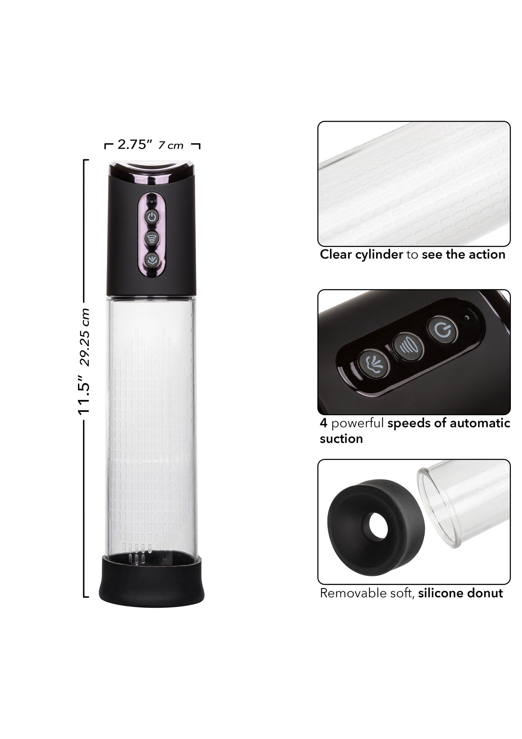Pompe pénienne électrique avec cylindre transparent et 4 vitesses d'aspiration. Anneau en silicone amovible inclus.; Elektrische penis pomp met heldere cilinder en 4 zuigsnelheden. Inclusief verwijderbare siliconen donut.; Electric penis pump with clear cylinder & 4 suction speeds. Removable soft silicone donut included. Size: 11.5" (29.25cm).