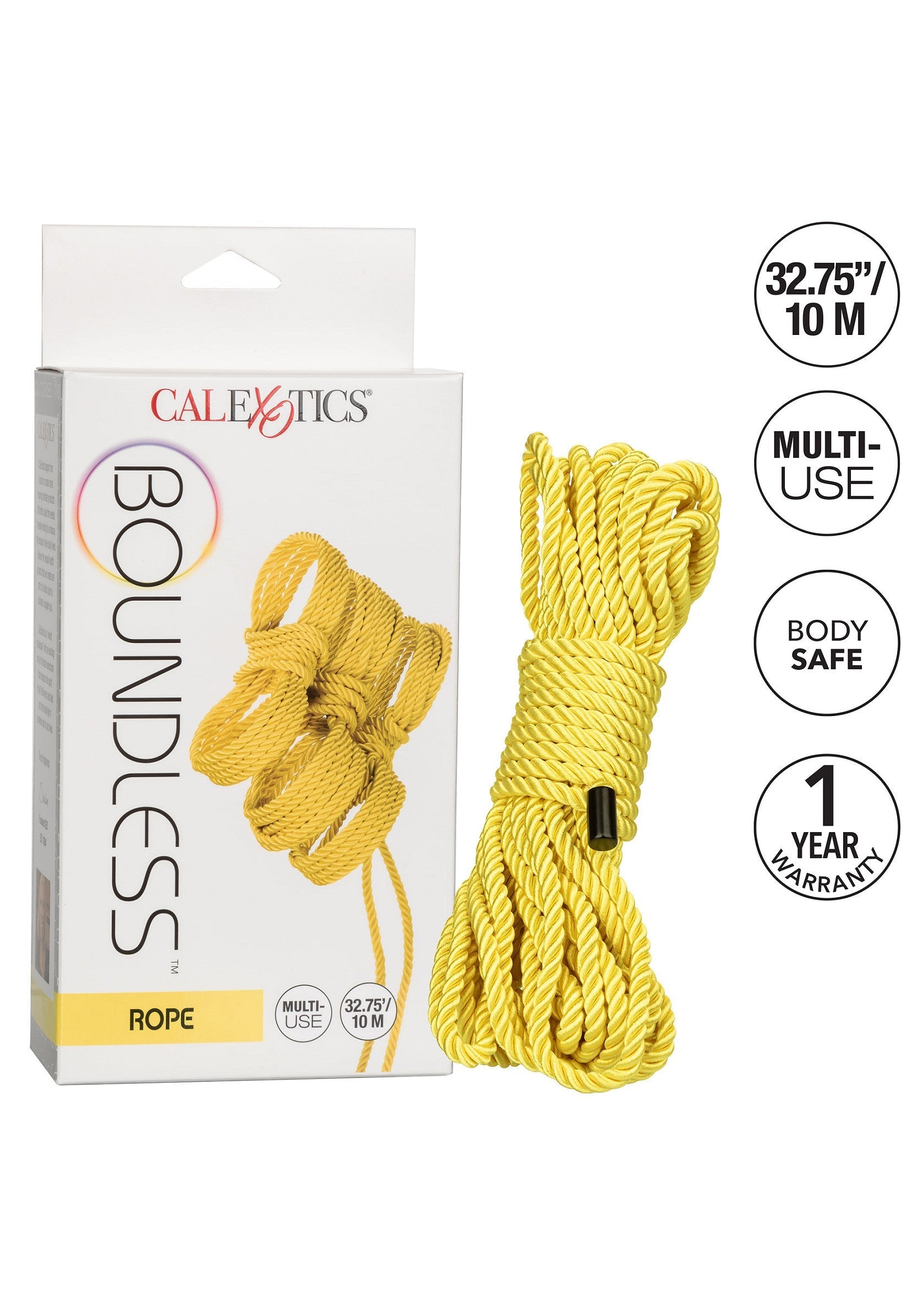Corde jaune CalExotics Boundless, 10m. Polyvalente, douce pour la peau et garantie 1 an. Parfait pour l'aventure!; CalExotics Boundless geel touw, 10m. Multifunctioneel, huidvriendelijk & 1 jaar garantie. Perfect voor avontuur!; CalExotics Boundless yellow rope, 10m. Multi-use, body-safe & 1 year warranty. Perfect for adventure!