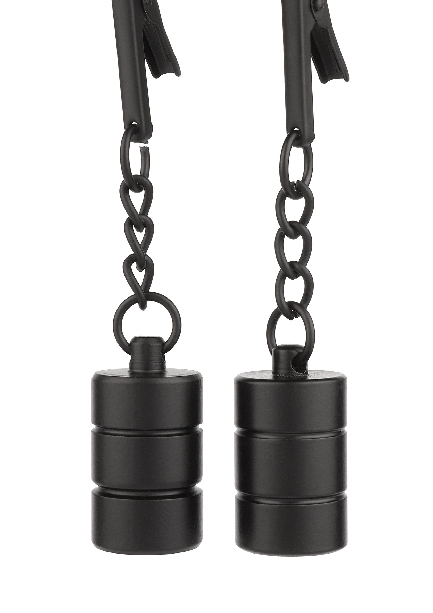 Pinces à tétons noires avec poids pour le plaisir et la stimulation.; Zwarte tepelklemmen met gewicht voor plezier en stimulatie.; Black nipple clamps with weights for pleasure and stimulation.