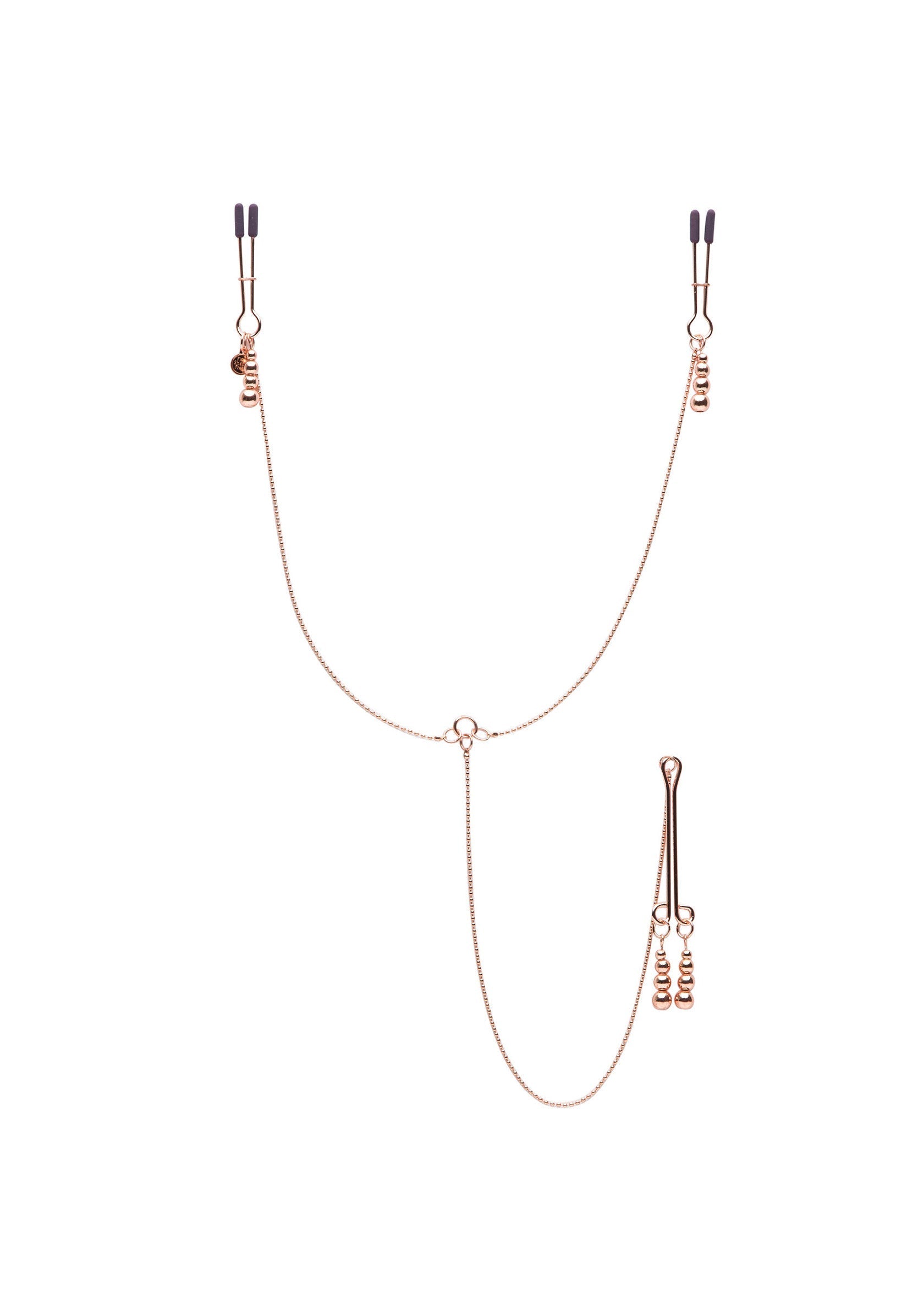 Pince téton ajustable dorée avec chaînes et breloques; Verstelbare tepelklem goudkleurig met kettingen en bedels; Adjustable gold nipple clamp with chains and charms