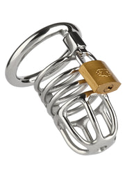 Cage de chasteté masculine en acier inoxydable avec cadenas pour le contrôle et la soumission.; Roestvrijstalen kuisheidsgordel voor mannen met slot voor controle en onderwerping.; Stainless steel male chastity cage with padlock for control and submission.