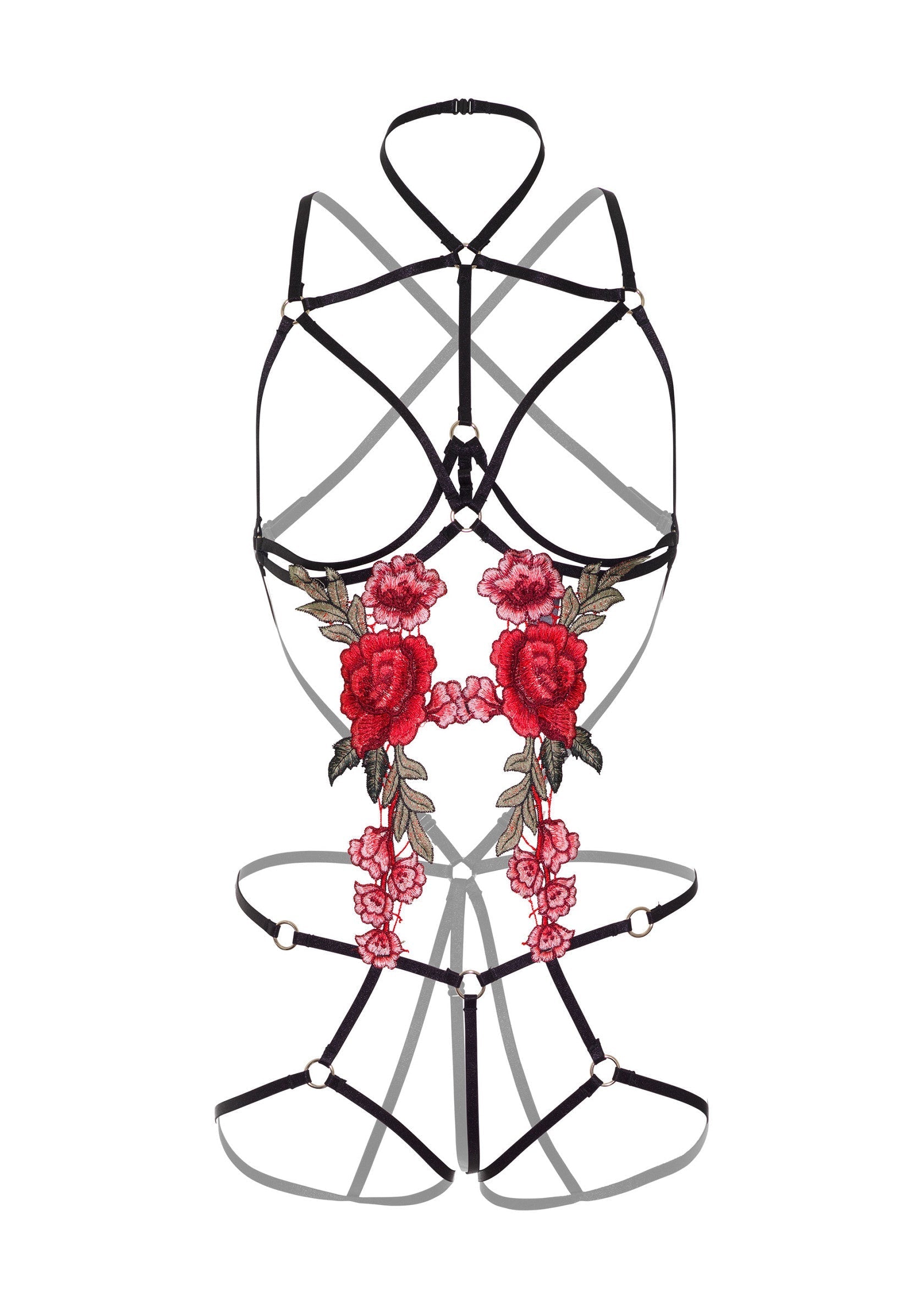 Harnais noir avec broderies florales rouges, lingerie sexy et audacieuse.; Zwart harnas met rode bloemborduring, sexy en gedurfde lingerie.; Black harness with red floral embroidery, sexy and daring lingerie.