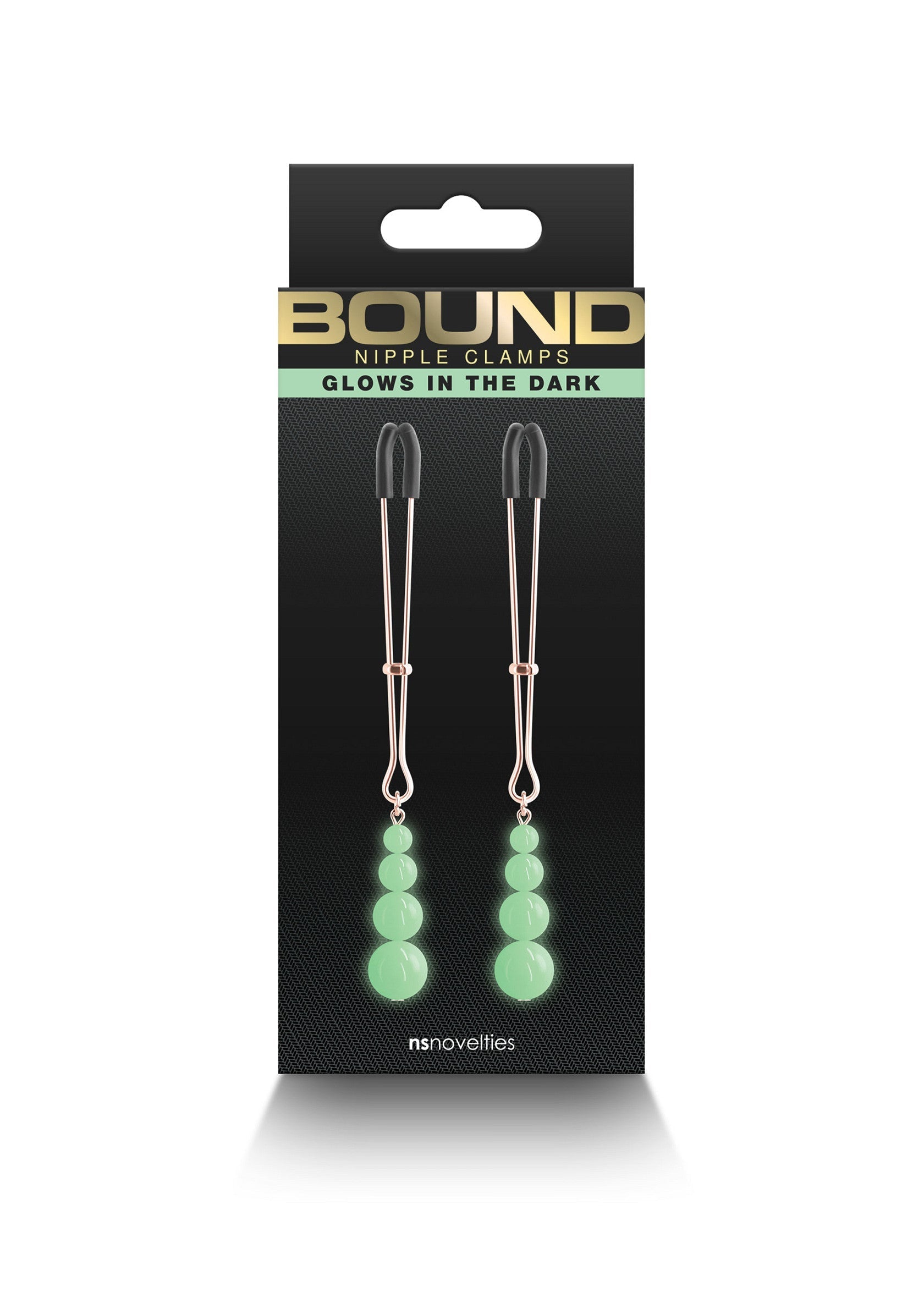 Pinces à tétons Bound phosphorescentes. Pimentez vos jeux avec ces pinces originales qui brillent dans le noir.; Bound tepelklemmen die oplichten in het donker. Voeg een beetje pit toe aan je spel met deze originele klemmen.; Glow in the dark nipple clamps for fun and excitement. Spice up your play with these novelty nipple clamps.