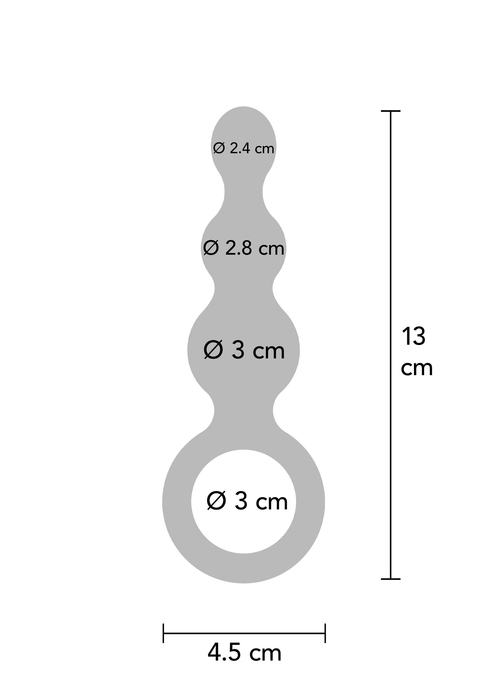 Schéma technique d'un plug anal à billes avec des dimensions en centimètres.; Technische tekening van een anale plug met afmetingen in centimeters.; Technical diagram of a beaded anal plug with dimensions in centimeters.