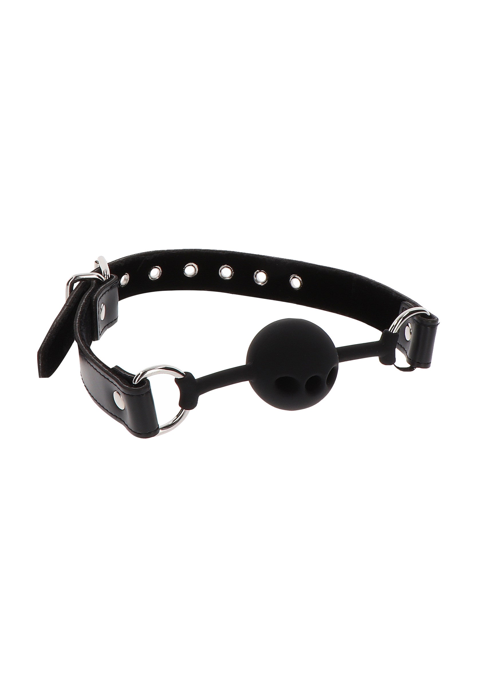 Bâillon boule noir avec sangle en cuir réglable. Accessoire érotique pour jeux de rôle et BDSM.; Zwarte balgag met verstelbare leren band. Erotisch accessoire voor rollenspellen en BDSM.; Black ball gag with adjustable leather strap. Erotic accessory for roleplay and BDSM.