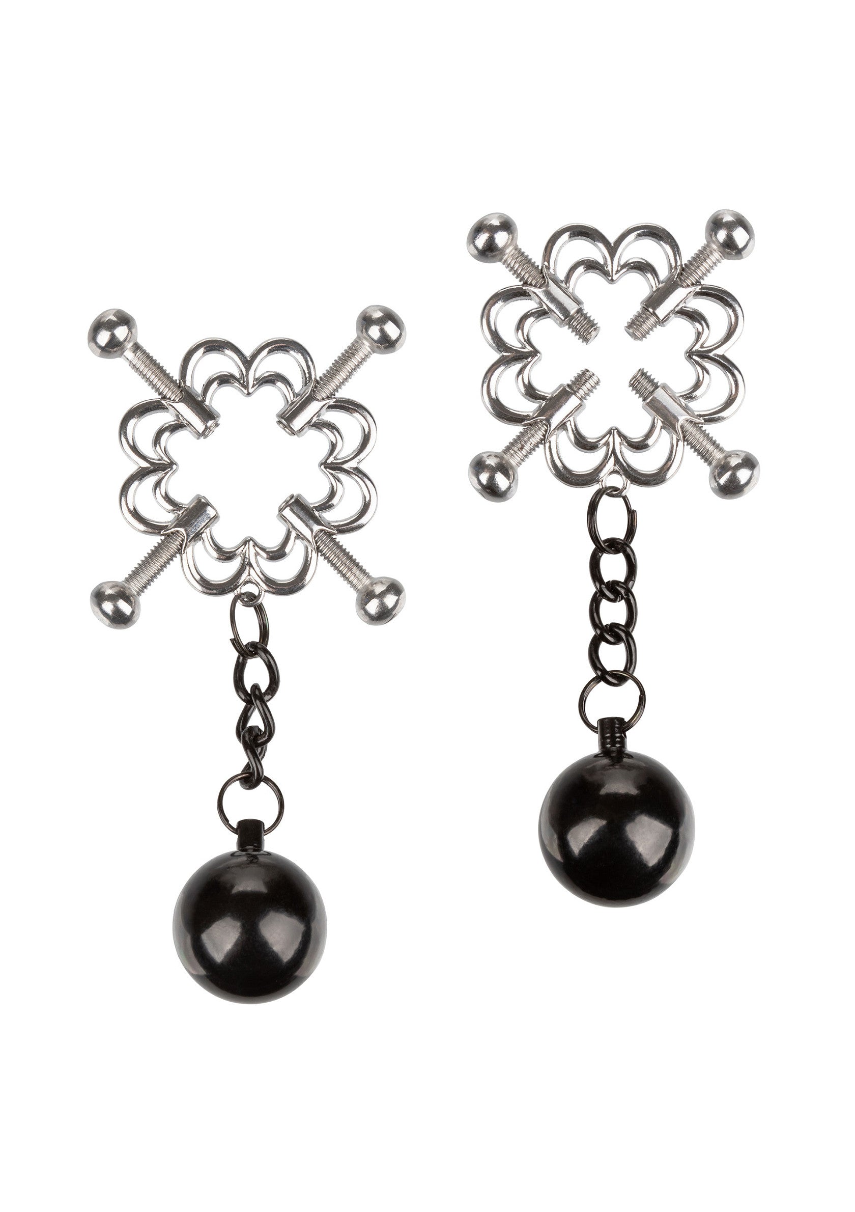 Serre-tétons décoratifs avec pendentif boule noire. Bijoux pour adultes.; Decoratieve tepelklemmen met zwarte bal hanger. Volwassen sieraden.; Decorative nipple clamps with black ball pendant. Adult jewelry.