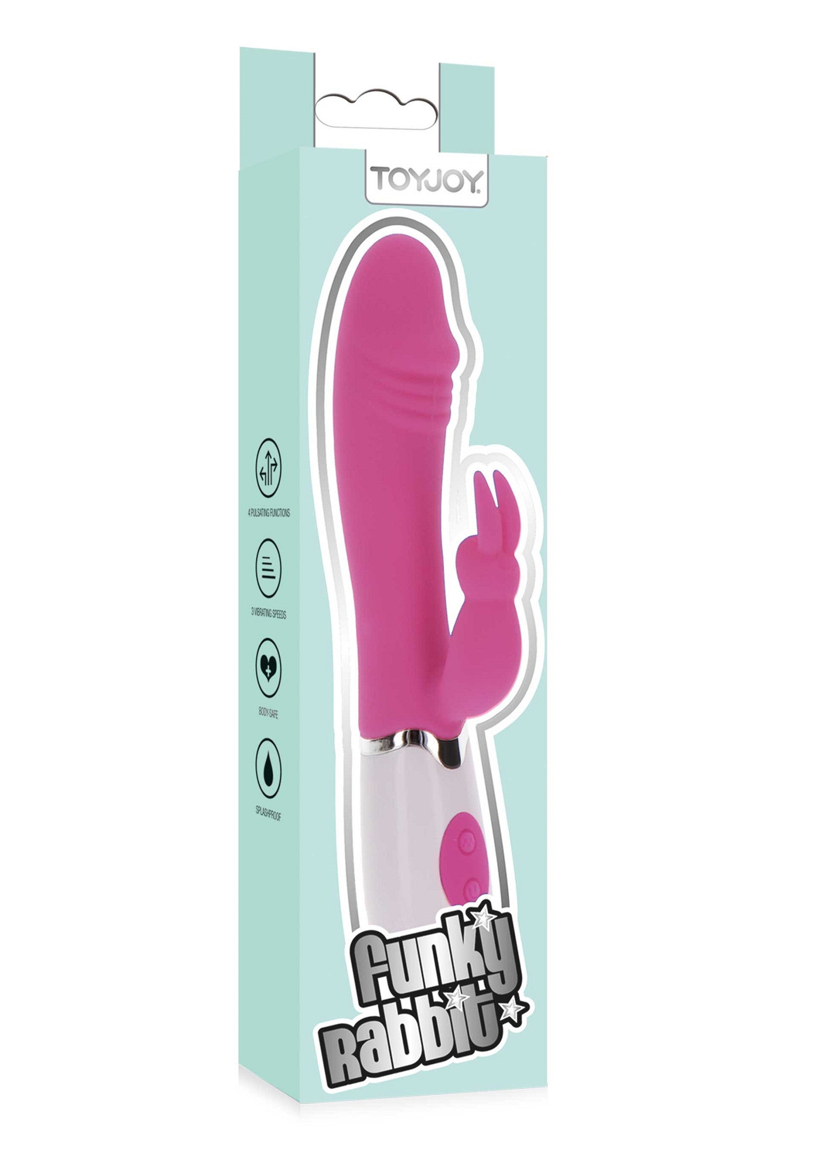 ToyJoy Funky Rabbit rose, vibromasseur lapin pour une expérience intense et amusante. Découvrez le plaisir !; ToyJoy Funky Rabbit roze, vibrator met konijnenoren voor een intense en leuke ervaring. Ontdek het plezier!; ToyJoy Funky Rabbit pink, rabbit vibrator for an intense and fun experience. Discover the pleasure!