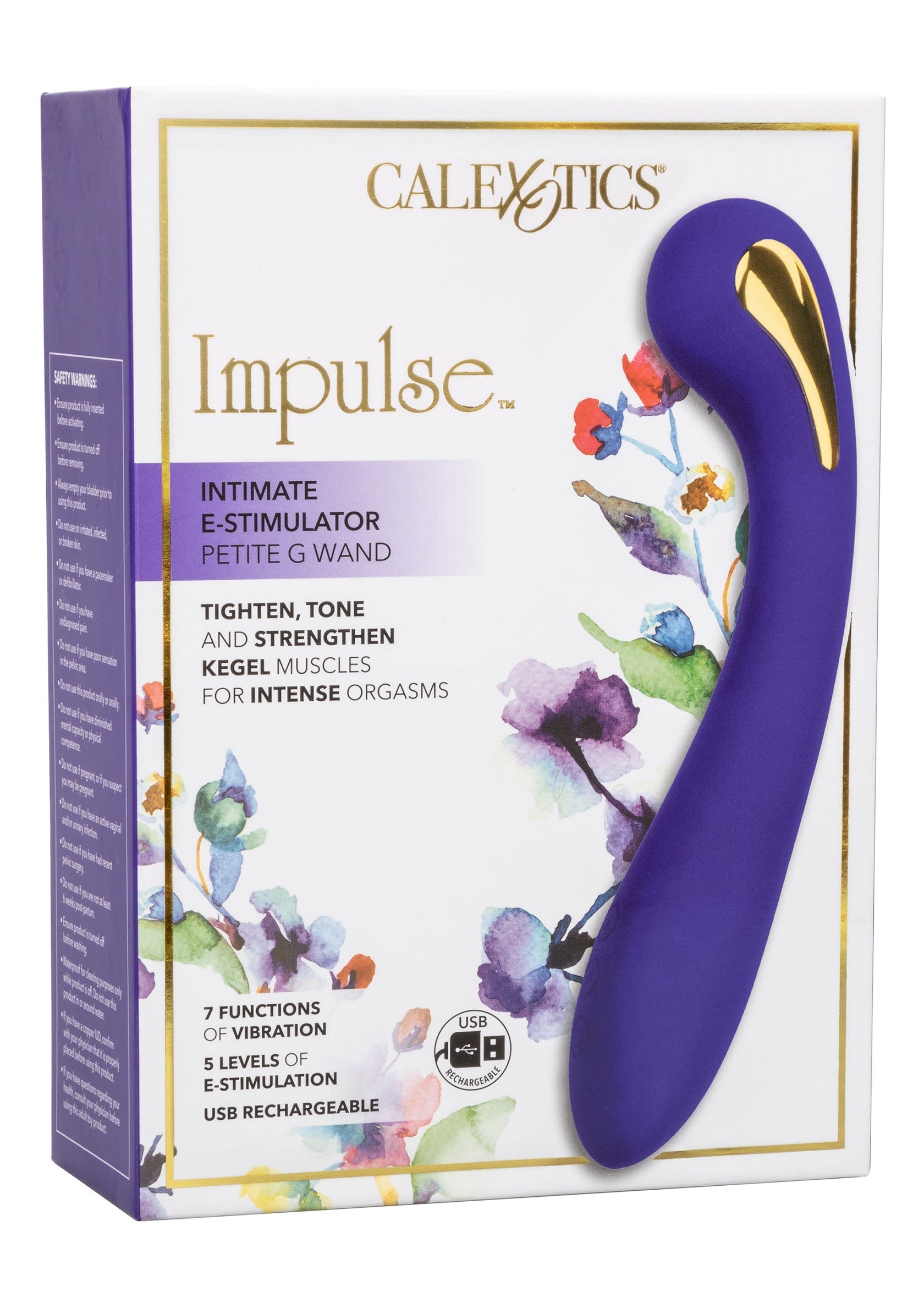 CalExotics Impulse : stimulateur intime avec 7 modes de vibration et 5 niveaux d'électrostimulation. Rechargeable par USB.; CalExotics Impulse: intieme stimulator met 7 vibratiestanden en 5 niveaus van e-stimulatie. USB oplaadbaar.; CalExotics Impulse: intimate stimulator with 7 vibration functions and 5 levels of e-stimulation. USB rechargeable.