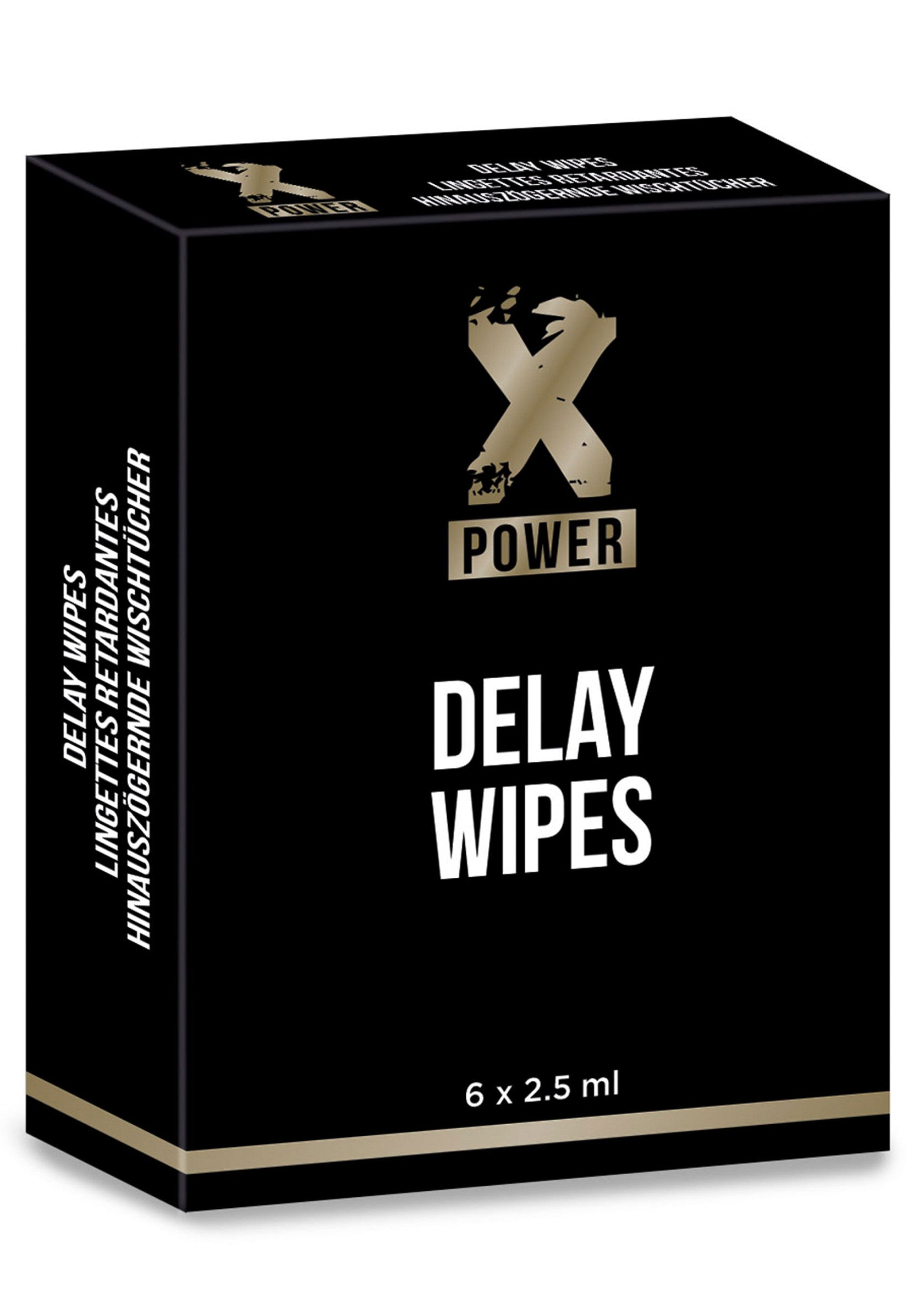 X Power Delay Wipes : Lingettes retardantes pour une expérience plus longue et intense. 6 x 2.5 ml.; X Power Delay Wipes: Vertragende doekjes voor een langere en intensere ervaring. 6 x 2.5 ml.; X Power Delay Wipes: Delay wipes for a longer and more intense experience. 6 x 2.5 ml.