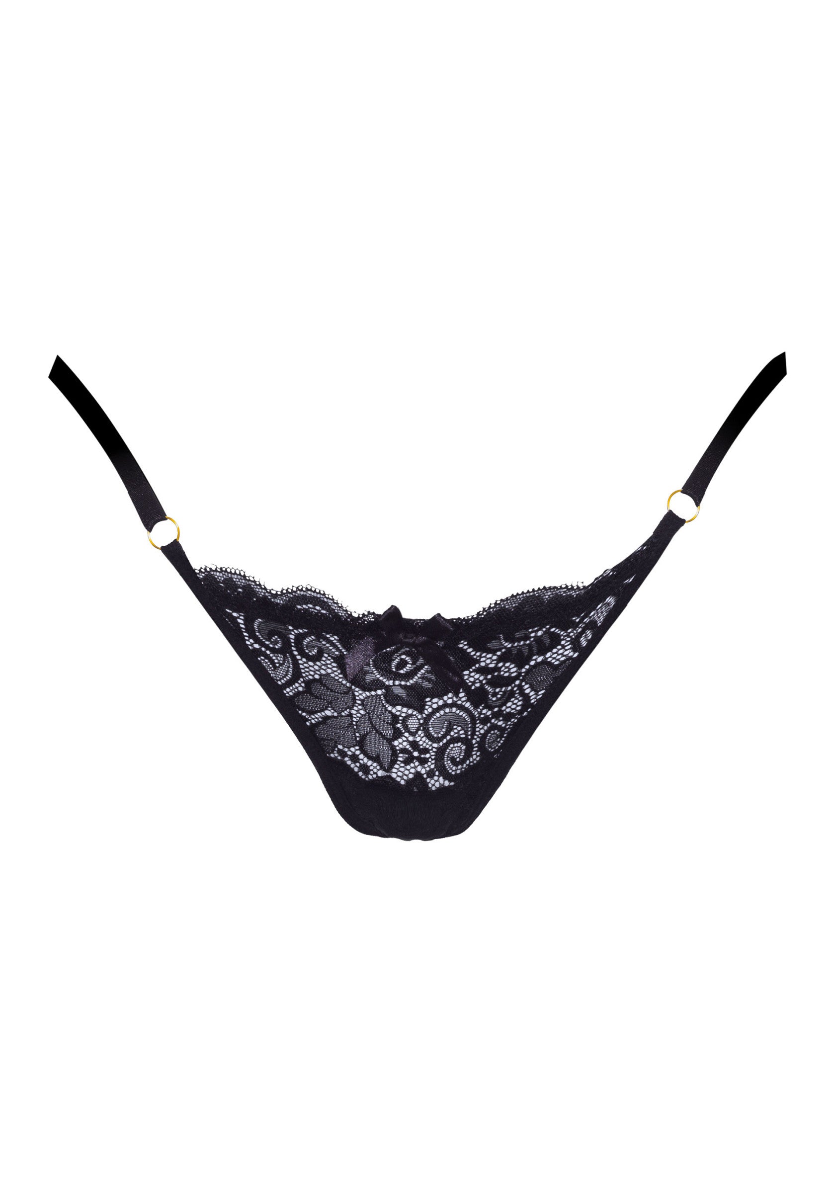 String noir en dentelle délicate, parfait pour une touche de sensualité et de confort. Lingerie de qualité.; Zwarte string van delicaat kant, perfect voor een vleugje sensualiteit en comfort. Kwaliteitslingerie.; Black delicate lace string, perfect for a touch of sensuality and comfort. Quality lingerie.