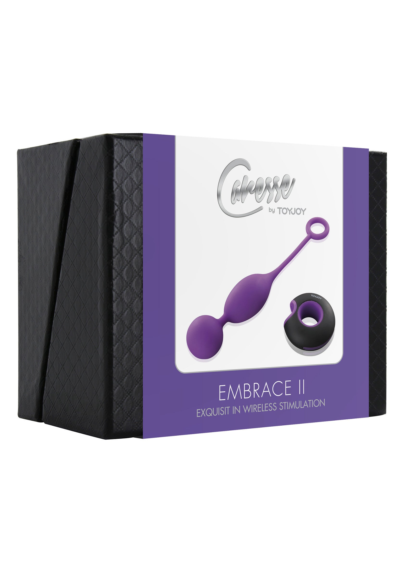 Caresses Embrace II par ToyJoy. Sphère de geisha violette pour une stimulation sans fil. Découvrez un plaisir exquis et discret.; Caresses Embrace II van ToyJoy. Paarse geishabal voor draadloze stimulatie. Ontdek een exquise en discreet plezier.; Caresses Embrace II by ToyJoy. Purple geisha ball for wireless stimulation. Discover exquisite and discreet pleasure.