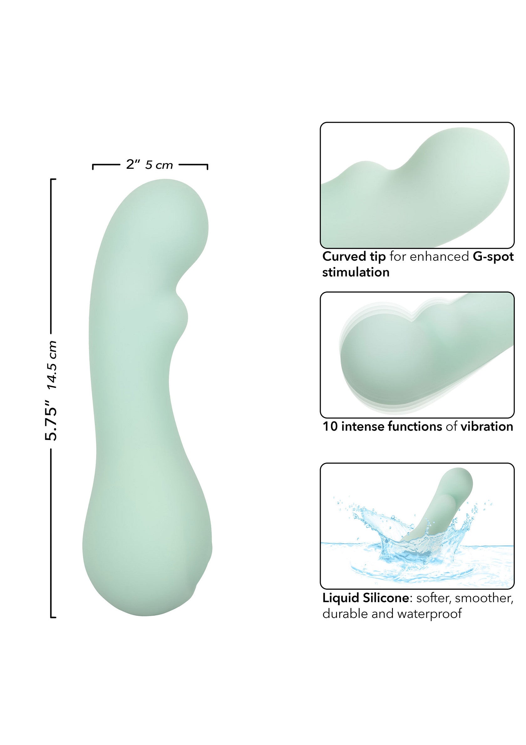 Vibromasseur en silicone liquide doux avec embout incurvé pour la stimulation du point G. 10 fonctions de vibration intenses. Étanche.; Zachte, vloeibare siliconen vibrator met gebogen punt voor G-spot stimulatie. 10 intense vibratiefuncties. Waterdicht.; Soft liquid silicone vibrator with curved tip for G-spot stimulation. 10 intense vibration functions. Waterproof.