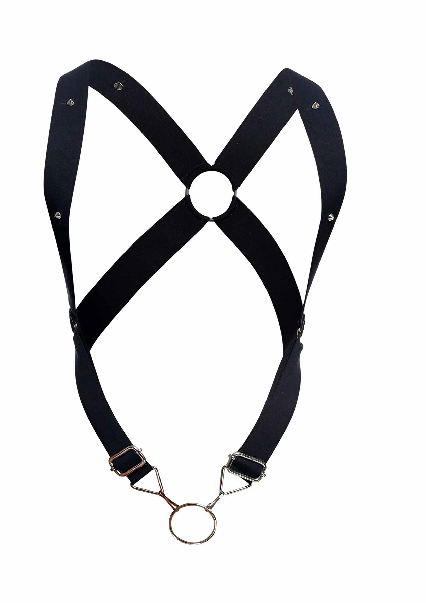 Harnais noir avec anneaux métalliques pour un look audacieux et tendance.; Zwart harnas met metalen ringen voor een gewaagde en trendy look.; Black harness with metal rings for a bold and trendy look.