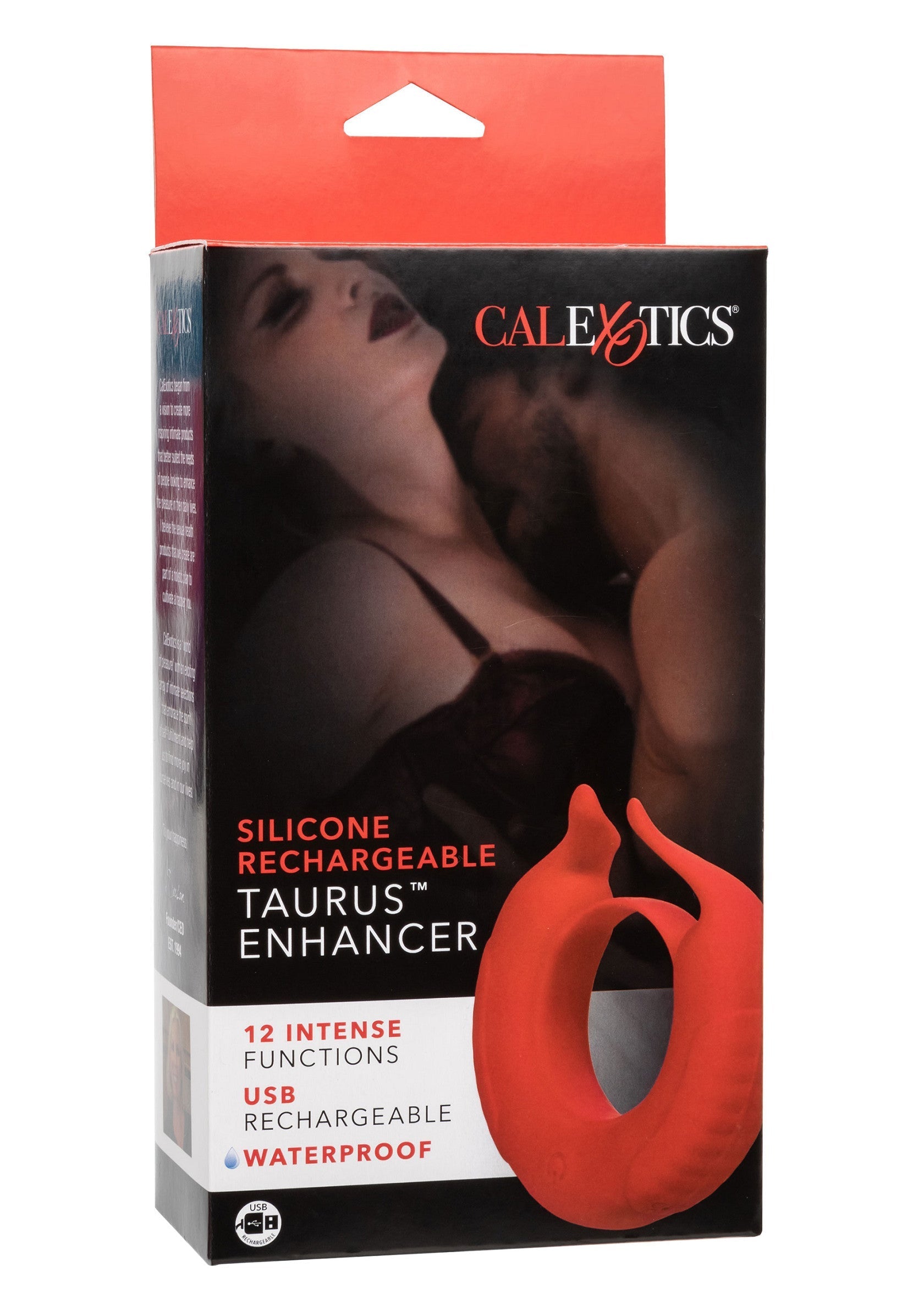 CalExotics Taurus Enhancer rechargeable en silicone. 12 fonctions intenses. USB rechargeable. Étanche.; CalExotics Taurus Enhancer. Siliconen, oplaadbaar, 12 functies, USB oplaadbaar en waterdicht.; CalExotics Silicone Rechargeable Taurus Enhancer. 12 Intense Functions, USB Rechargeable & Waterproof
