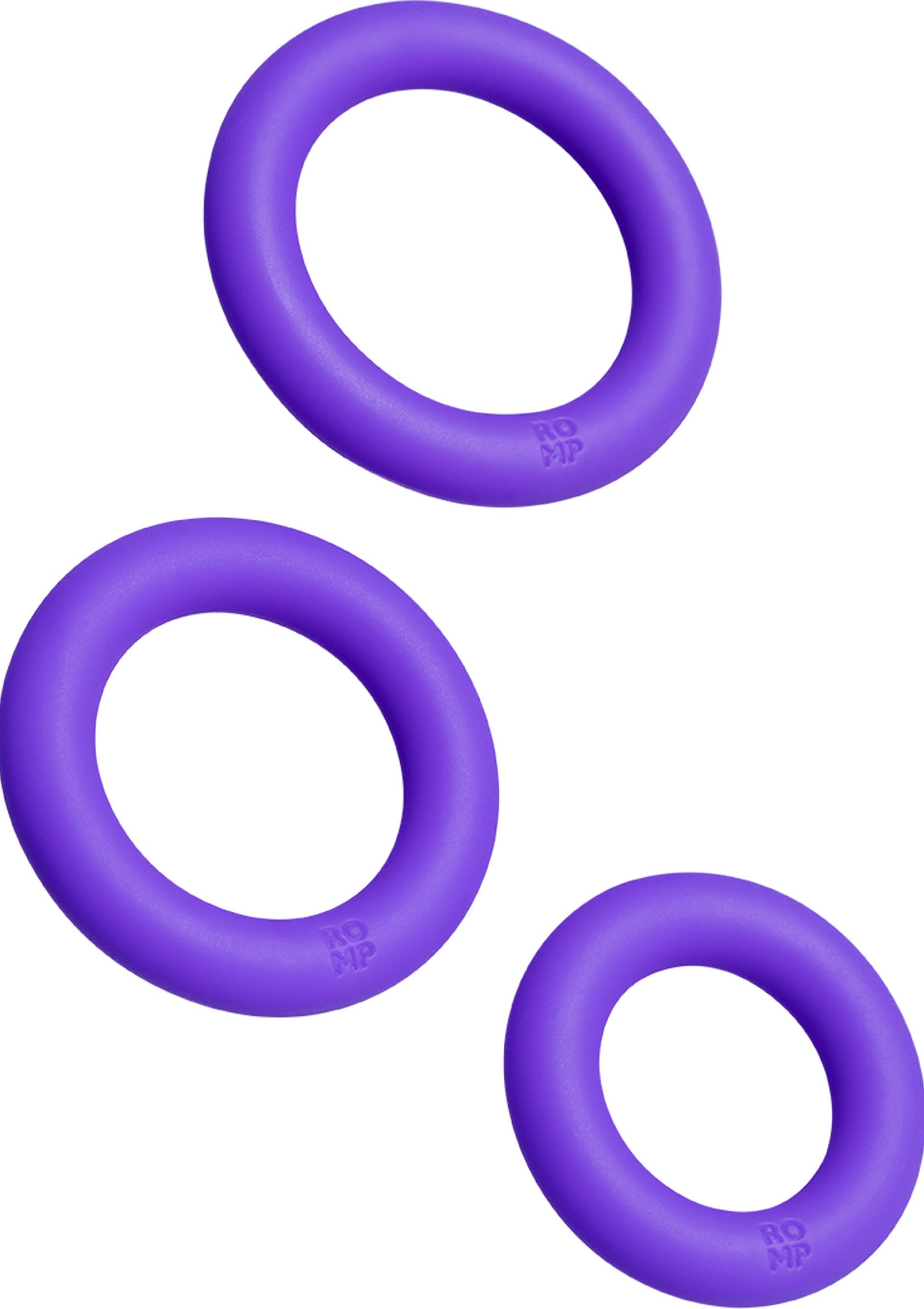Ensemble de 3 anneaux de tension violets. Pour plus de plaisir et de sensations.; Set van 3 paarse spanningsringen. Voor meer plezier en sensaties.; Set of 3 purple cockrings. For enhanced pleasure and sensations.