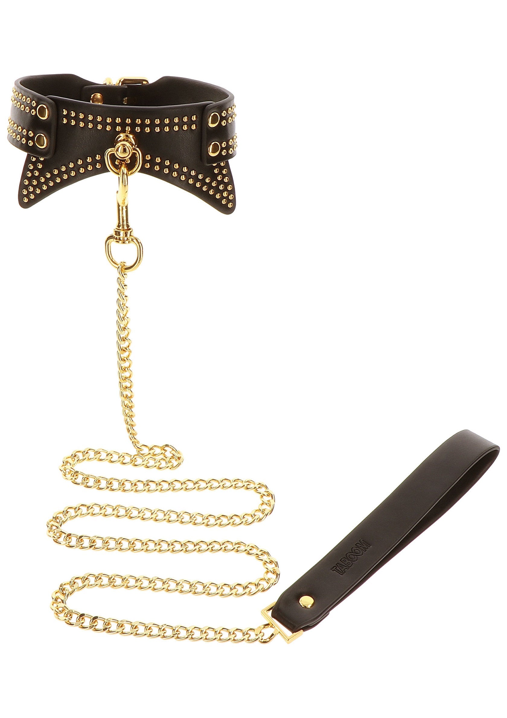 Collier et laisse noirs cloutés or. Accessoire de mode sophistiqué et original pour sublimer votre tenue.; Zwarte halsband en riem met gouden studs. Stijlvol en uniek modeaccessoire om je outfit mee te verfraaien.; Black collar and leash with gold studs. A stylish and unique fashion accessory to enhance your outfit.