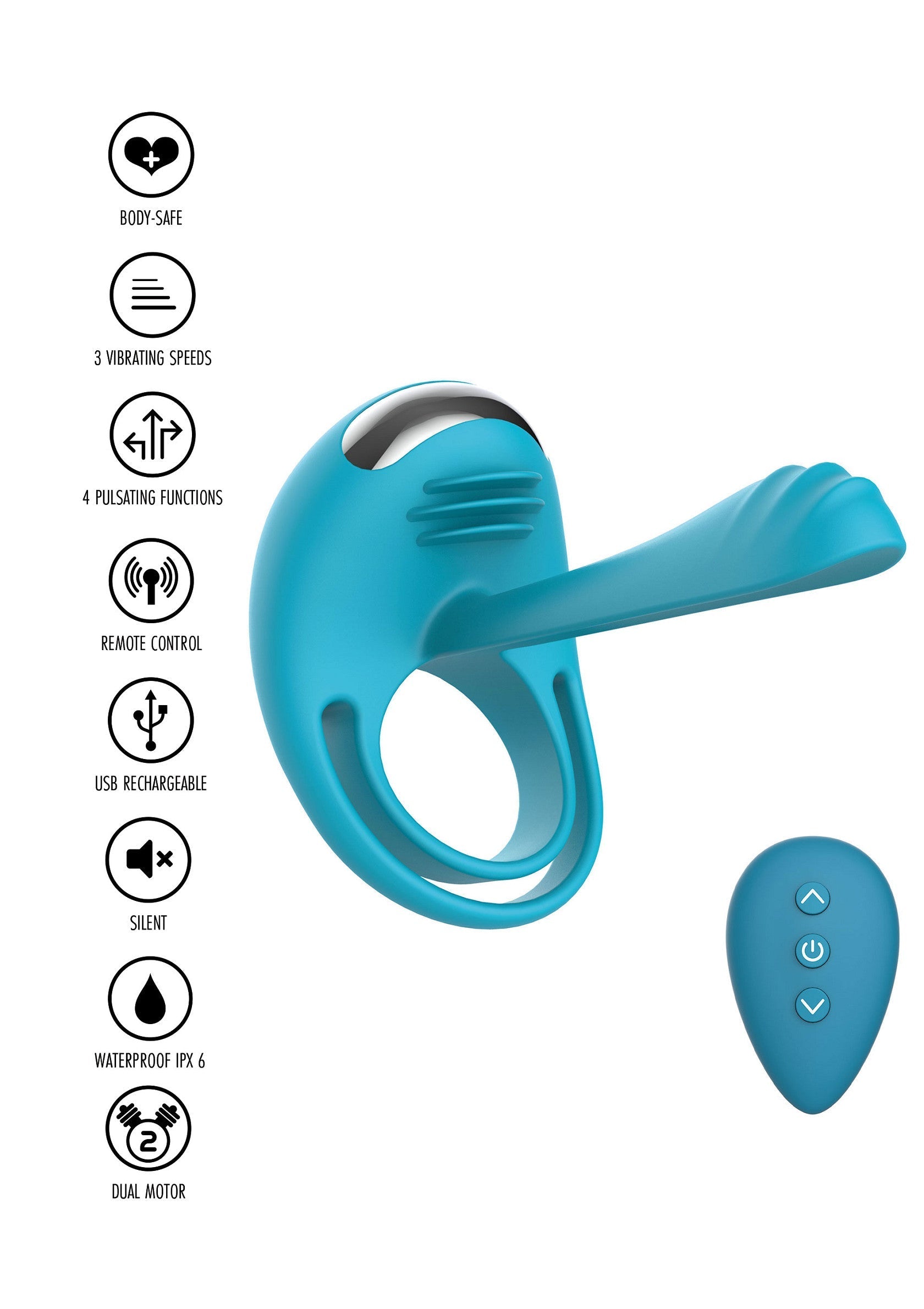 Vibromasseur turquoise pour couple avec télécommande, différentes vitesses et fonctions de pulsation. Rechargeable par USB et étanche.; Turquoise vibrator voor koppels met afstandsbediening, verschillende snelheden en pulserende functies. USB oplaadbaar en waterdicht.; Teal couples vibrator with remote, multiple speeds and pulsing functions. USB rechargeable and waterproof.