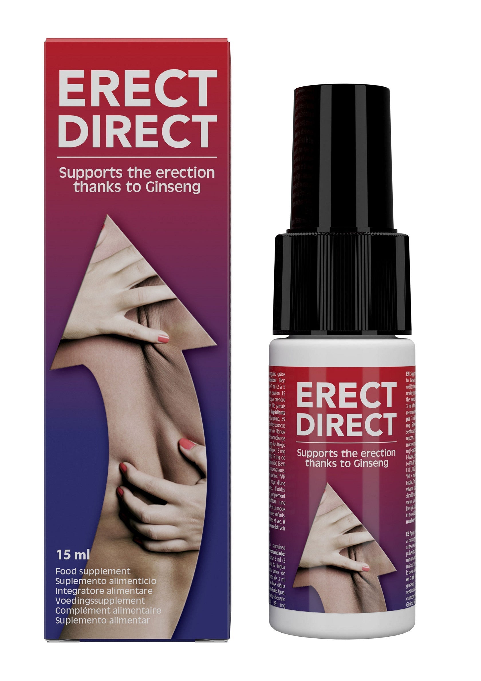 Erect Direct : complément alimentaire à base de ginseng pour soutenir l'érection. Flacon spray facile à utiliser.; Erect Direct: voedingssupplement met ginseng ter ondersteuning van de erectie. Makkelijk te gebruiken sprayfles.; Erect Direct: Ginseng-based food supplement to support erection. Easy-to-use spray bottle.