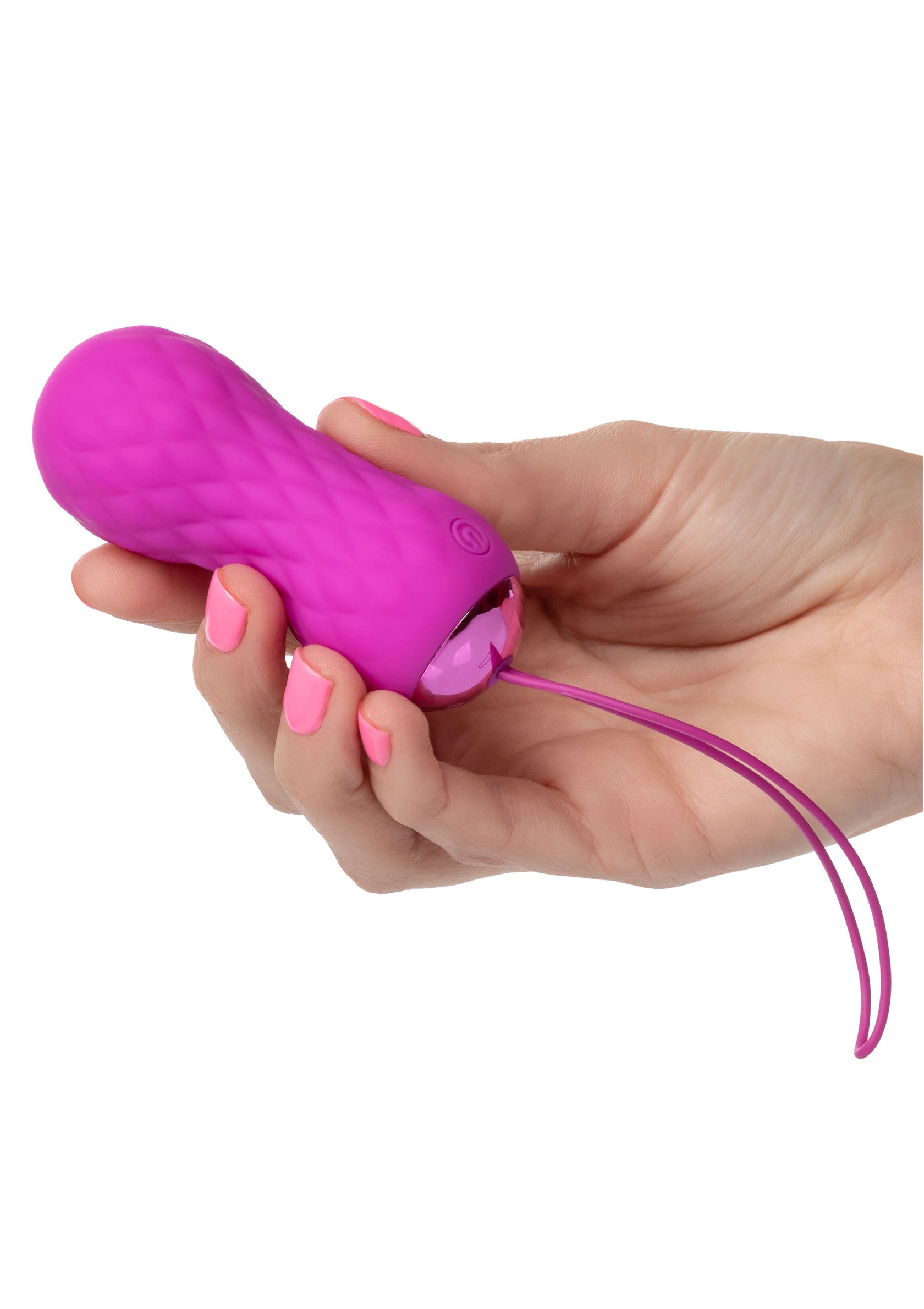 Vibromasseur vibrant rose avec cordon de serrage pour le plaisir féminin.; Roze vibrerende vibrator met trekkoord voor vrouwelijk genot.; Pink vibrating vibrator with drawstring for female pleasure.