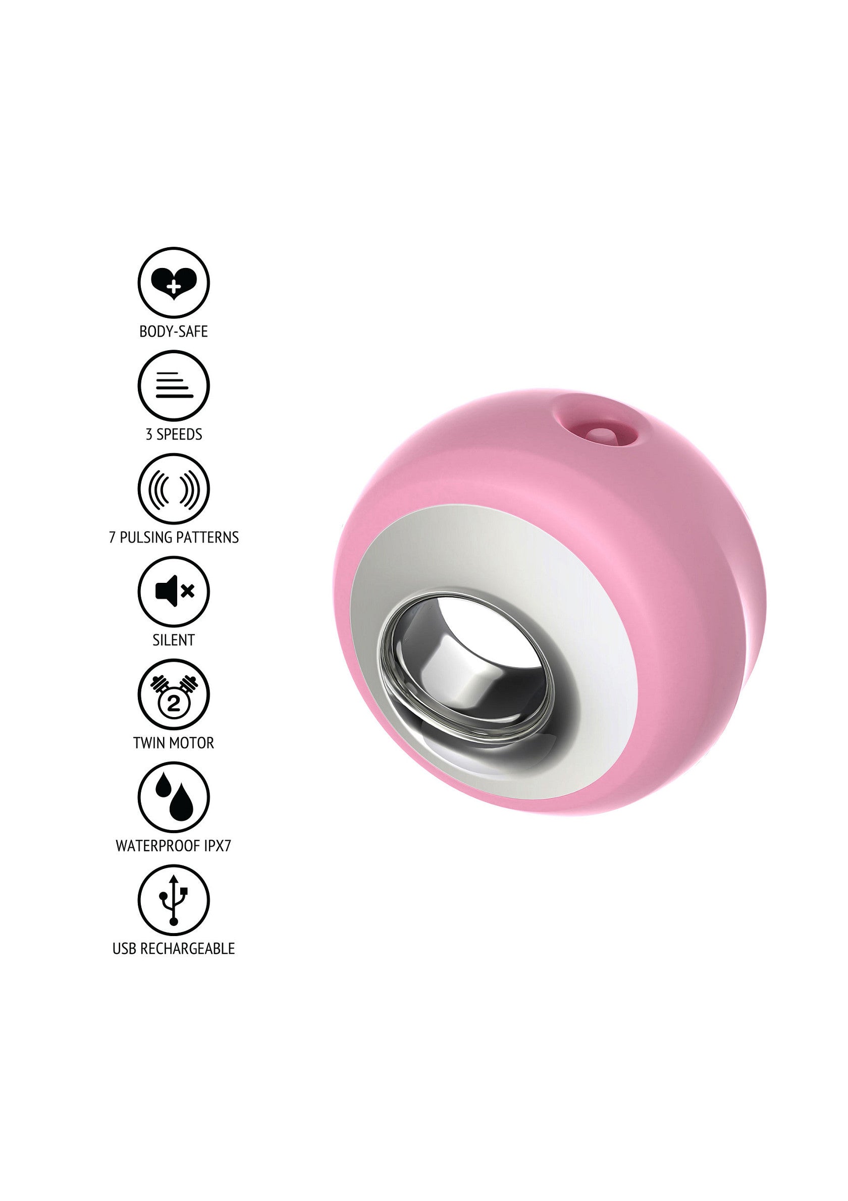 Masseur clitoridien rose. 3 vitesses, 7 modes de vibration, étanche, rechargeable par USB. Sûr pour le corps et silencieux.; Roze clitorisstimulator. 3 snelheden, 7 vibratiestanden, waterdicht, USB oplaadbaar. Lichaamsveilig en stil.; Pink clitoral stimulator. 3 speeds, 7 vibration modes, waterproof, USB rechargeable. Body-safe and silent.