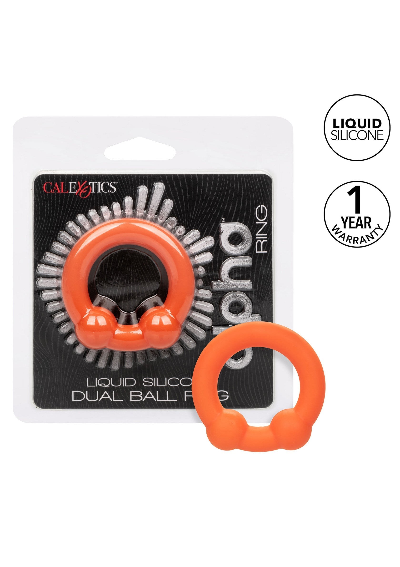 Anneau pénien Calexotics en silicone liquide orange, conçu pour le plaisir et le maintien de l'érection.; Oranje Calexotics penisring van vloeibare siliconen, ontworpen voor genot en het behoud van een erectie.; Orange Calexotics liquid silicone cock ring, designed for pleasure and erection support. Dual ball ring.