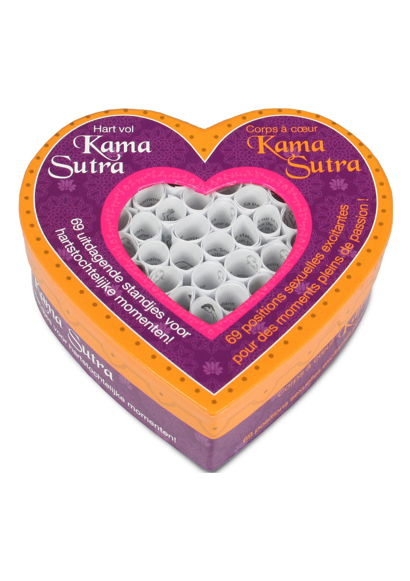 Kama Sutra, 69 positions excitantes pour des moments de passion, en forme de coeur. Idéal pour pimenter votre vie amoureuse.; Kama Sutra, 69 uitdagende standjes voor hartstochtelijke momenten, in hartvorm. Perfect om je liefdesleven op te fleuren.; Kama Sutra, 69 exciting positions for passionate moments, in heart shape. Perfect to spice up your love life.
