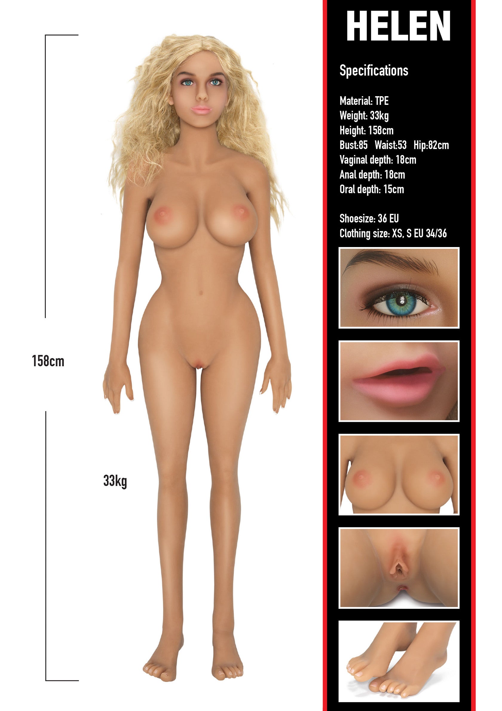 Poupée sexuelle réaliste Helen, 158 cm, TPE de haute qualité, pour une expérience intime inégalée.; Realistische sekspop Helen, 158 cm, hoogwaardig TPE, voor een ongeëvenaarde intieme ervaring.; Realistic sex doll Helen, 158 cm, high-quality TPE, for an unmatched intimate experience.