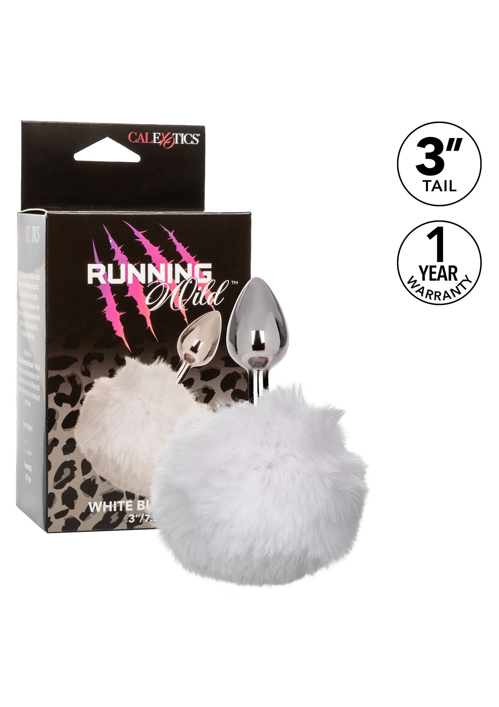 Queue de renard blanche CalExotics Running Wild 3" avec garantie d'un an. Idéal pour le jeu de rôle et le plaisir anal.; CalExotics Running Wild witte vossenstaart 3" met 1 jaar garantie. Ideaal voor rollenspellen en anaal genot.; CalExotics Running Wild white fox tail 3" with 1-year warranty. Great for role play & anal pleasure.