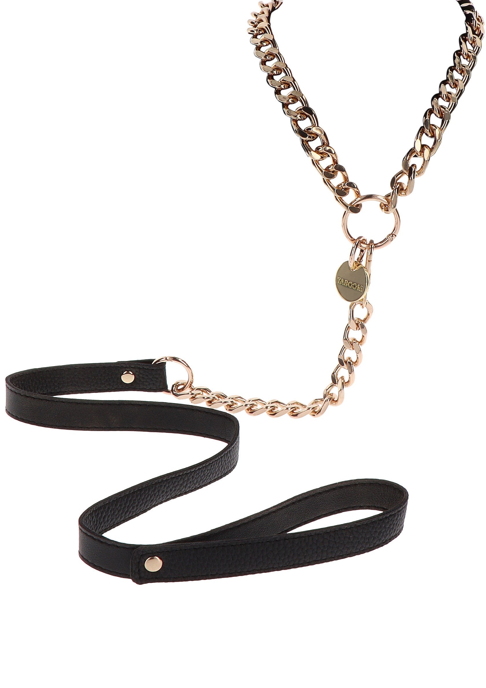 Laisse pour chien chaîne dorée et cuir noir, élégante et résistante.; Hondenriem gouden ketting en zwart leer, elegant en stevig.; Dog leash golden chain and black leather, elegant and sturdy.