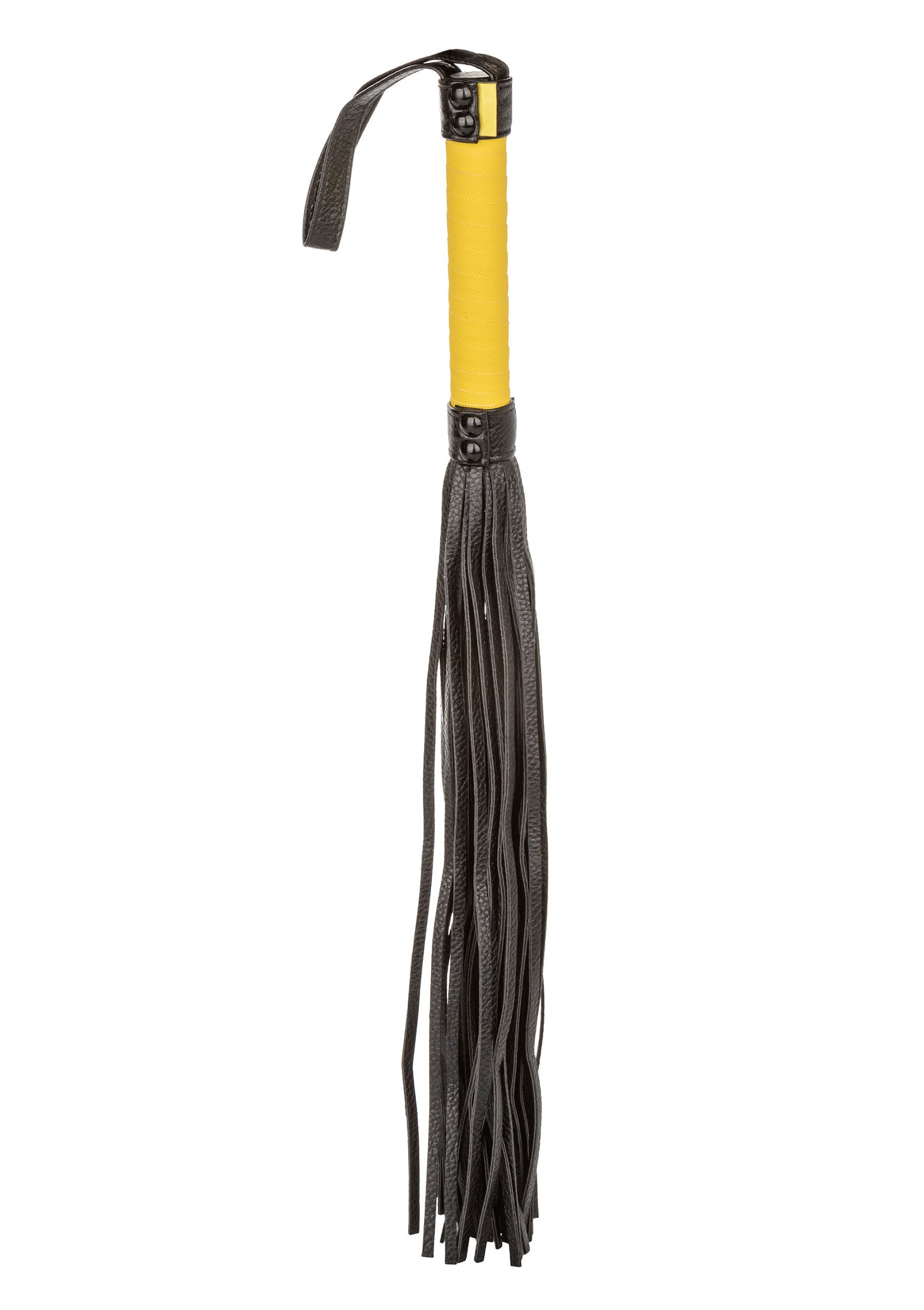 Fouet en cuir noir avec manche jaune. Accessoire érotique pour adultes, jeux de rôle et BDSM.; Zwarte leren zweep met gele handgreep. Erotisch accessoire voor volwassenen, rollenspellen en BDSM.; Black leather flogger with yellow handle. Adult erotic accessory for role play and BDSM.