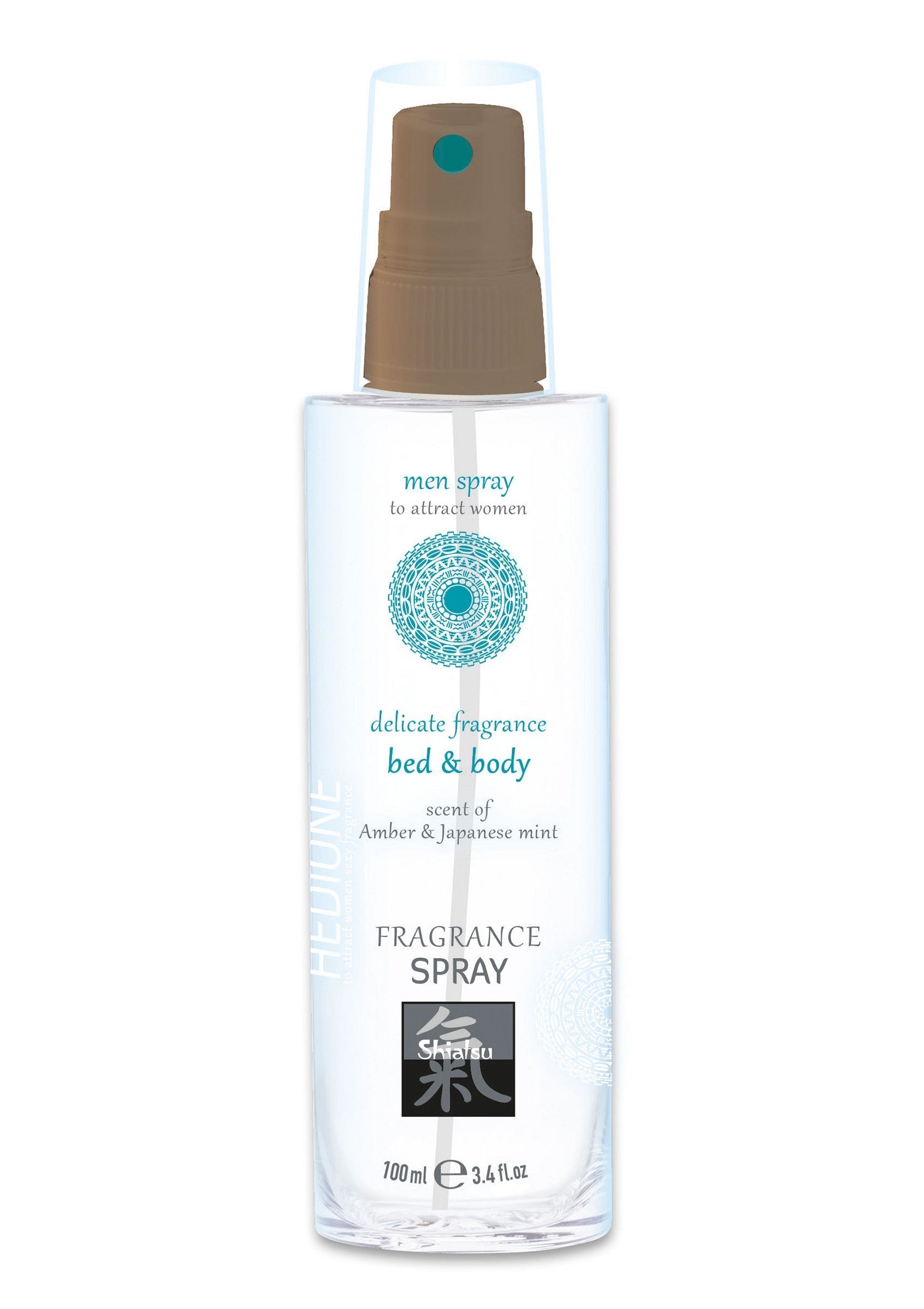 Spray corporel et literie pour homme. Parfum ambre et menthe japonaise. Idéal pour séduire. ; Bed- & bodyspray voor mannen. Delicate geur van amber en Japanse munt. Perfect om te verleiden!; Men's bed & body spray. Delicate fragrance of amber & Japanese mint. Designed to attract women.